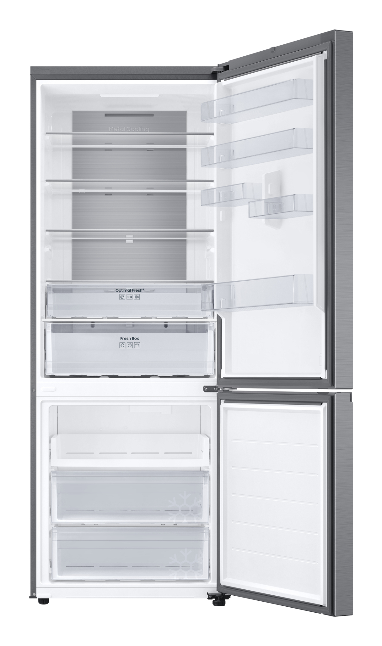 Geöffneter Kühlschrank mit Regalen, Schubladen und Lebensmitteln. Rechte Tür offen.