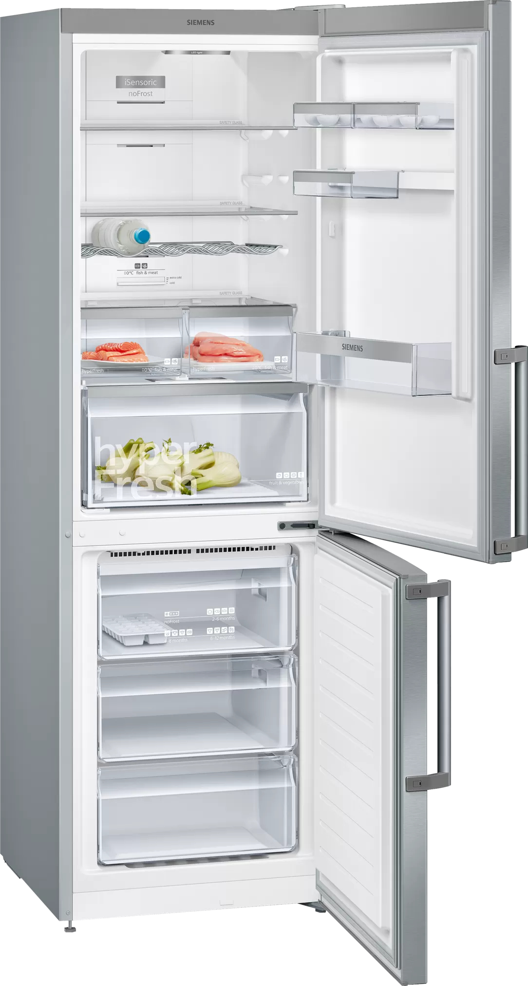 An open refrigerator with food and shelves.