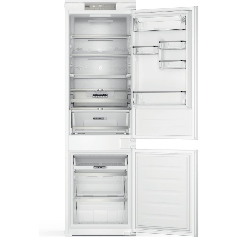 White refrigerator with open doors. Showing shelves, drawers, and the interior organization.