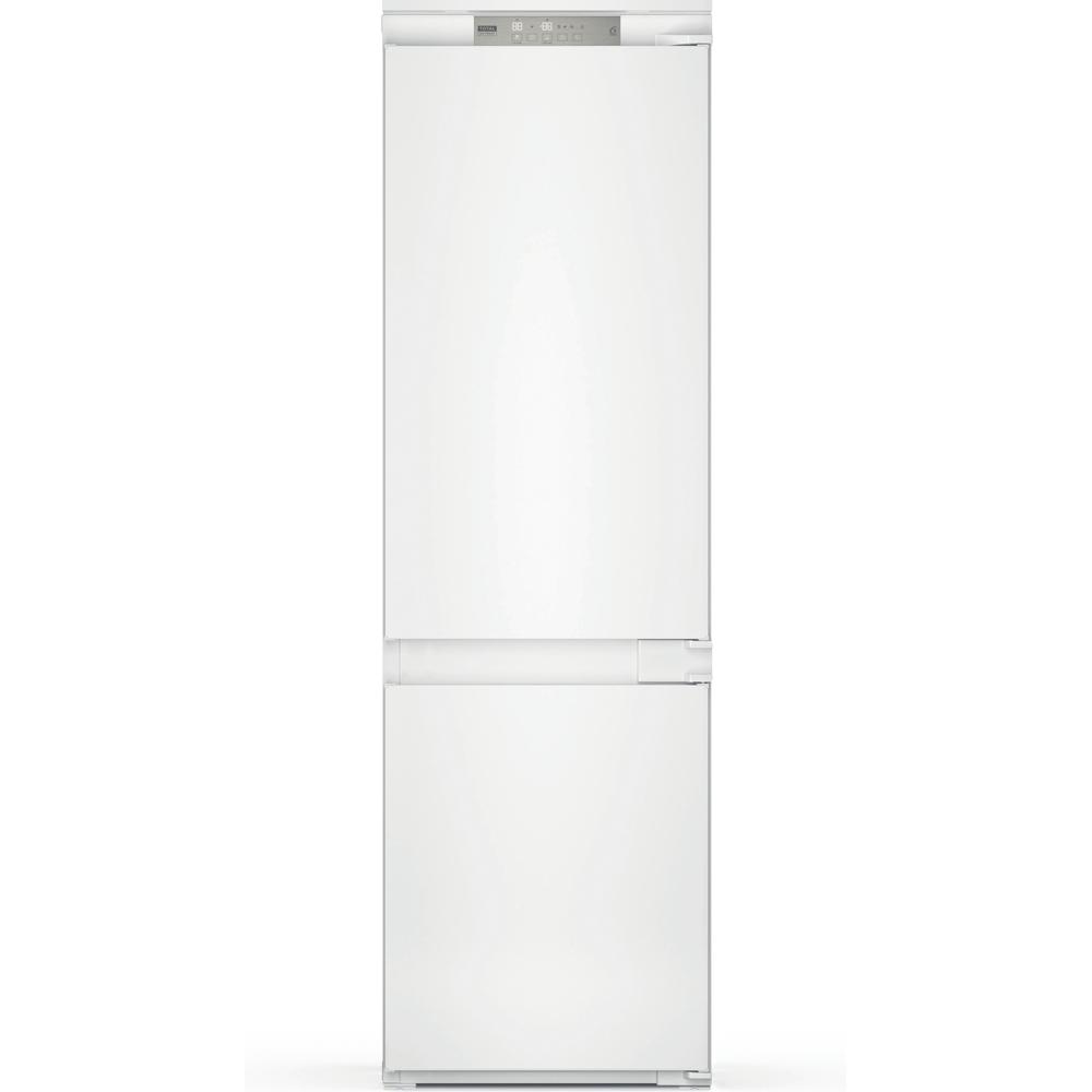 White refrigerator with two doors, with a control panel at the top.