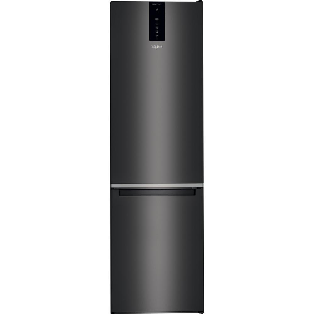 Un refrigerador negro con congelador inferior. Tiene un diseño elegante y moderno.