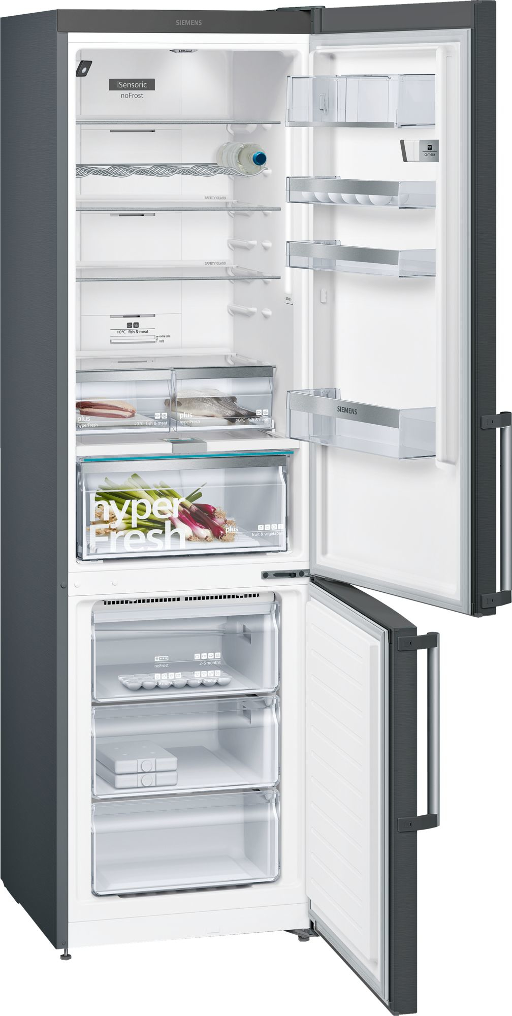 Refrigerador abierto, mostrando estantes, cajones y contenido.
