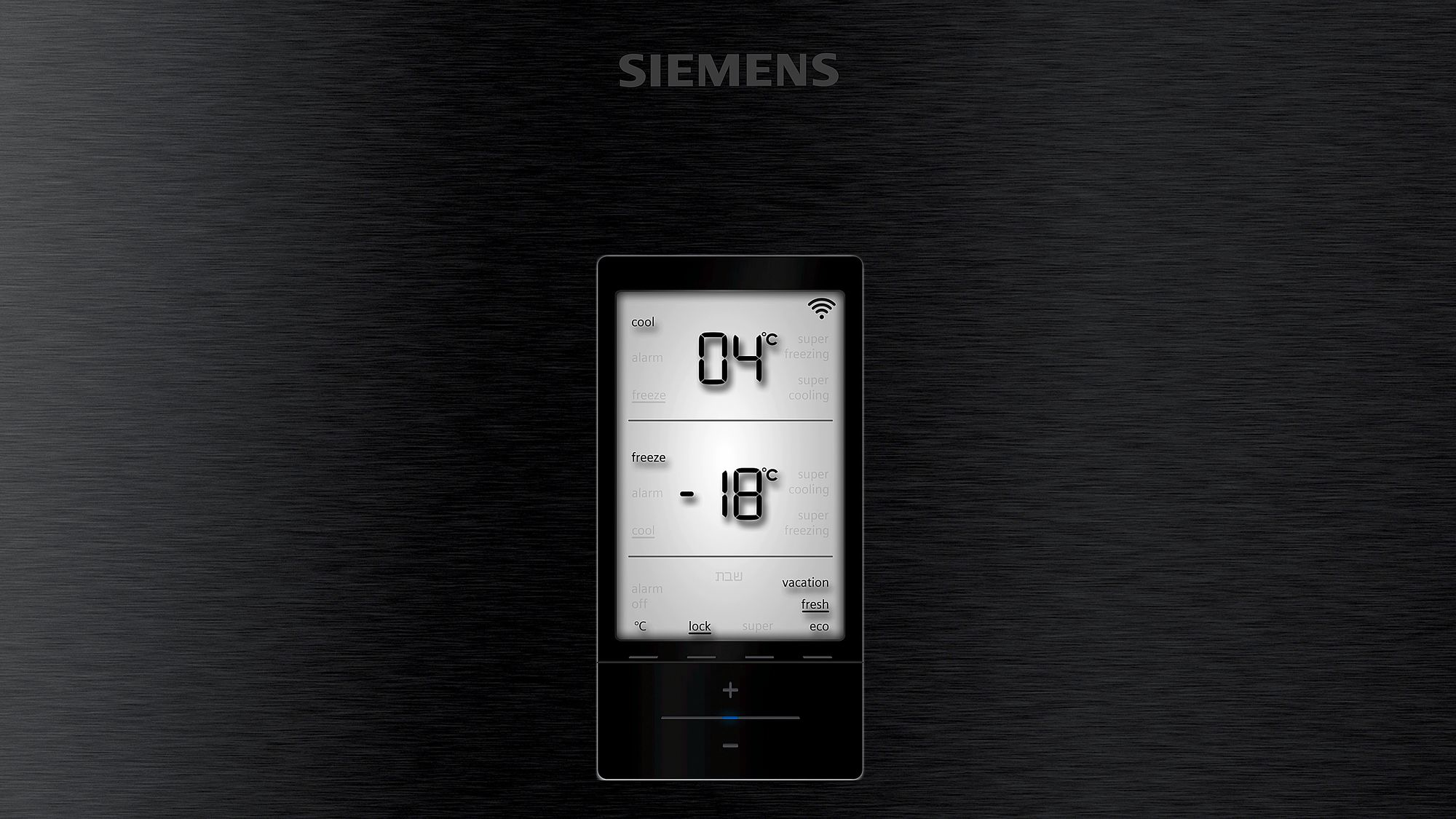 Panel de control del refrigerador Siemens, fondo negro.