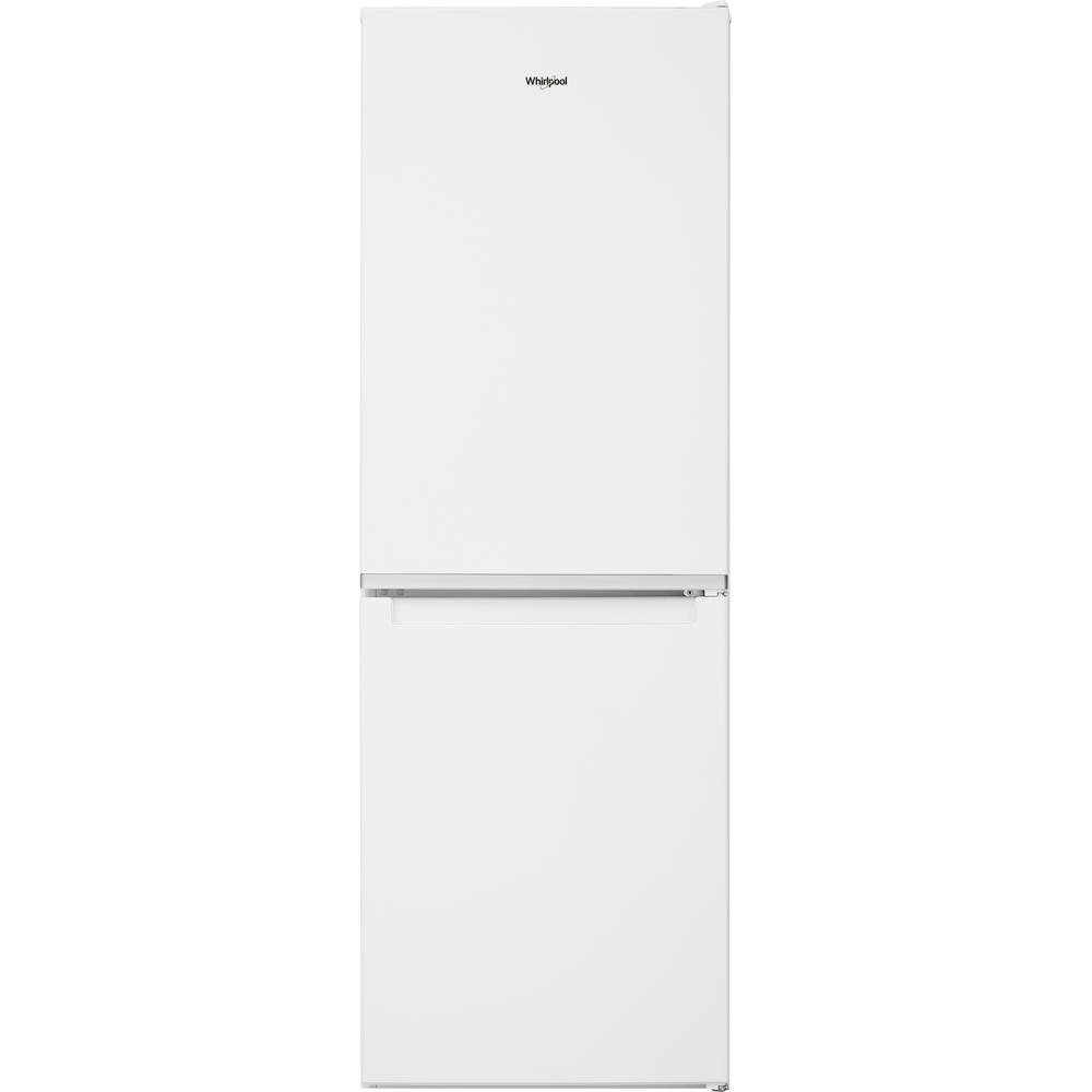 Frigorifero Whirlpool bianco. Ha un congelatore in basso e una maniglia.