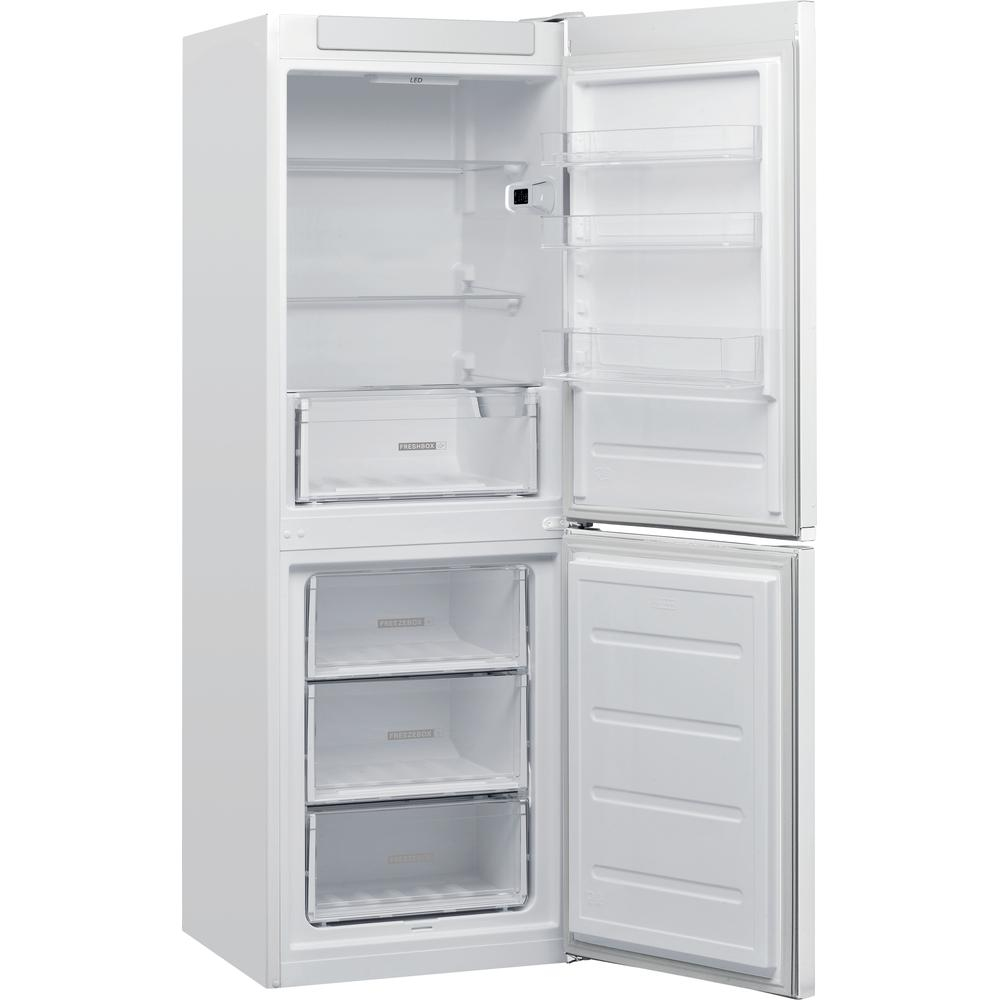 Un frigorifero bianco con le porte aperte, che mostra ripiani, cassetti e componenti interni.
