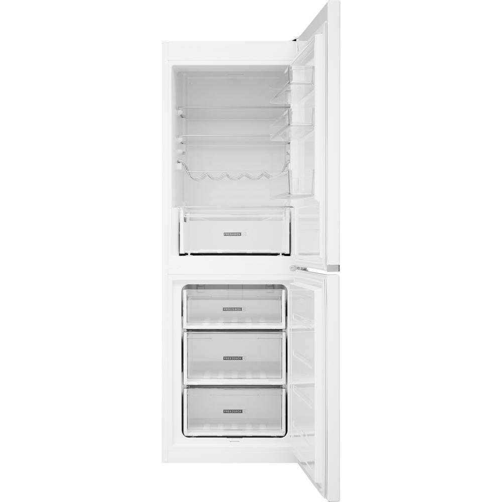 Un frigorifero bianco con la porta aperta, che mostra ripiani e cassetti.