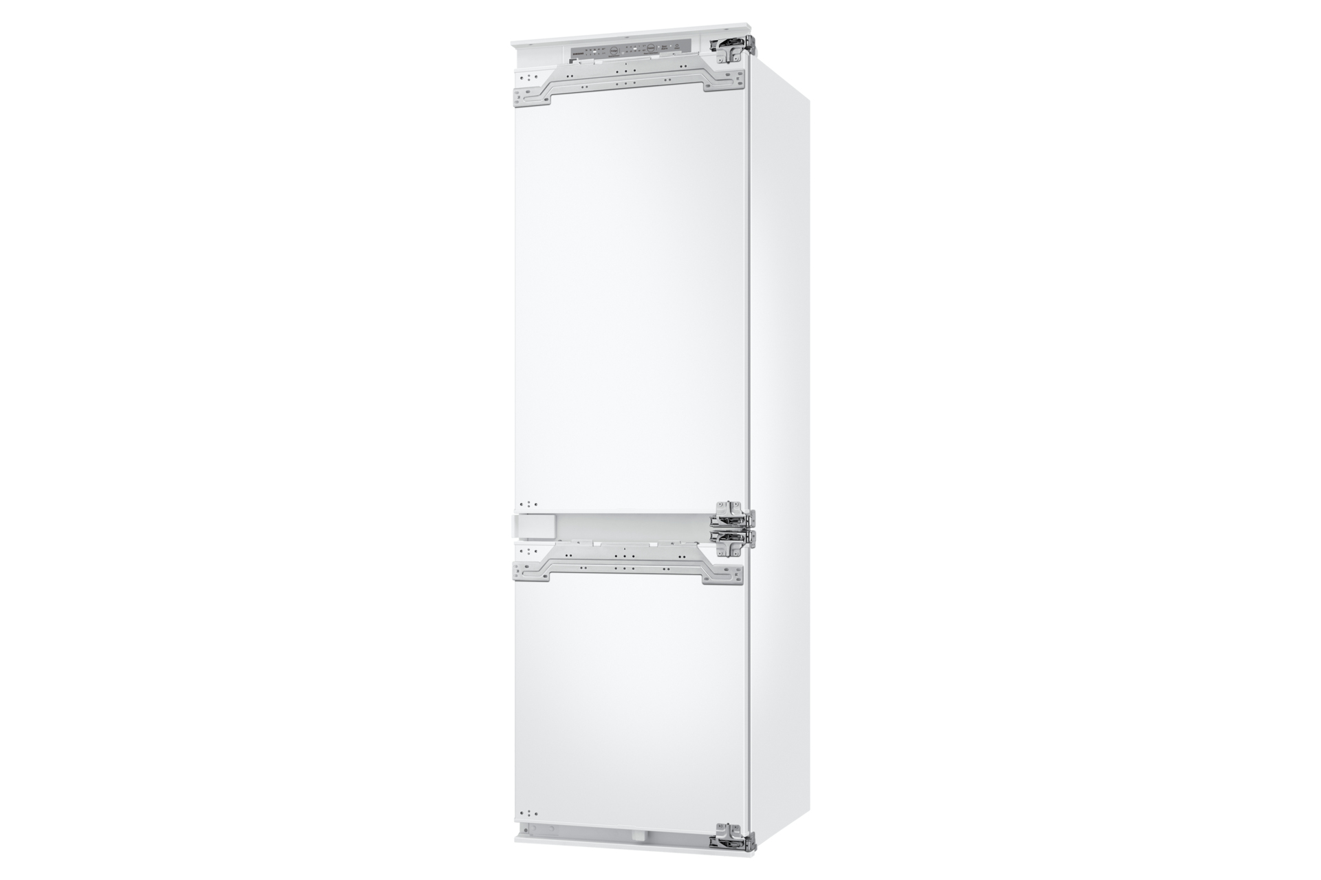Weißer Einbaukühlschrank mit zwei Türen, weiß auf weißem Hintergrund.