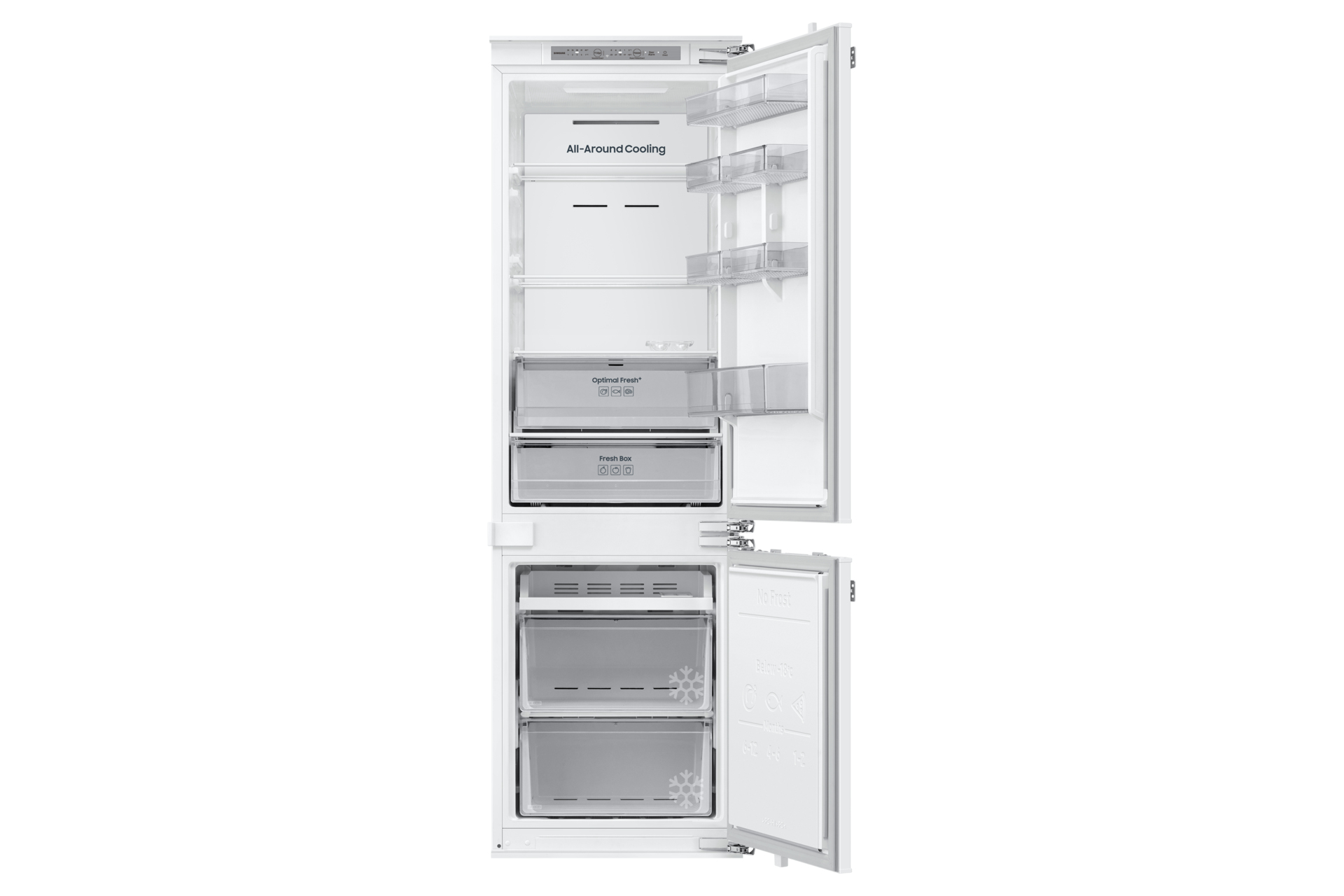 Weißer Kühlschrank mit geöffneten Türen, zeigt Regale und Schubladen.