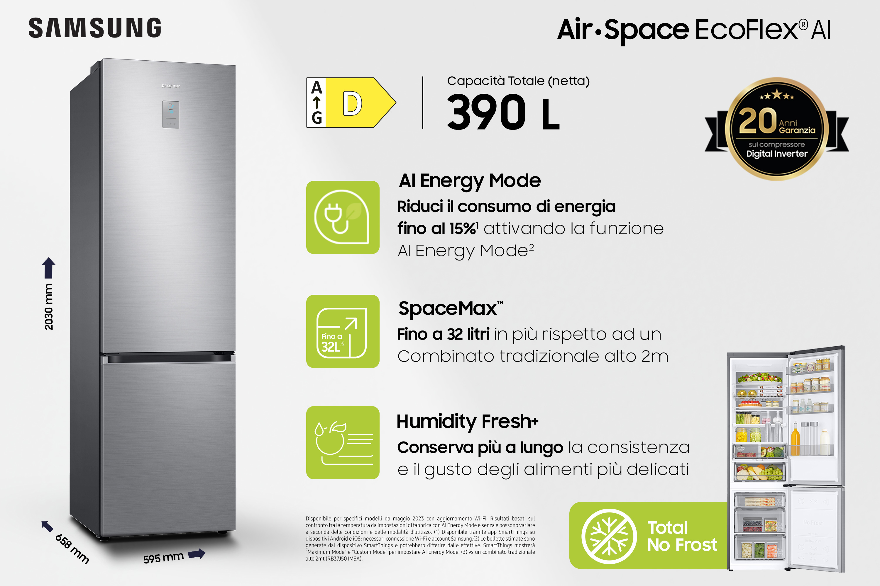 Refrigerador Samsung plateado con puerta abierta. Muestra clasificación energética y detalles.