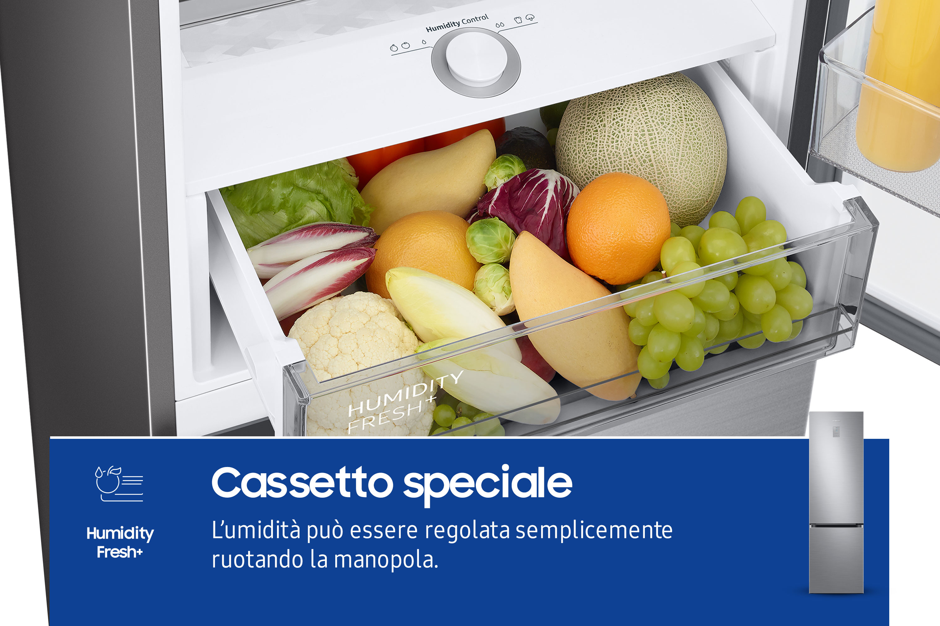 Cajón del refrigerador lleno de frutas y verduras. Panel de control visible. Superposición de texto en italiano.