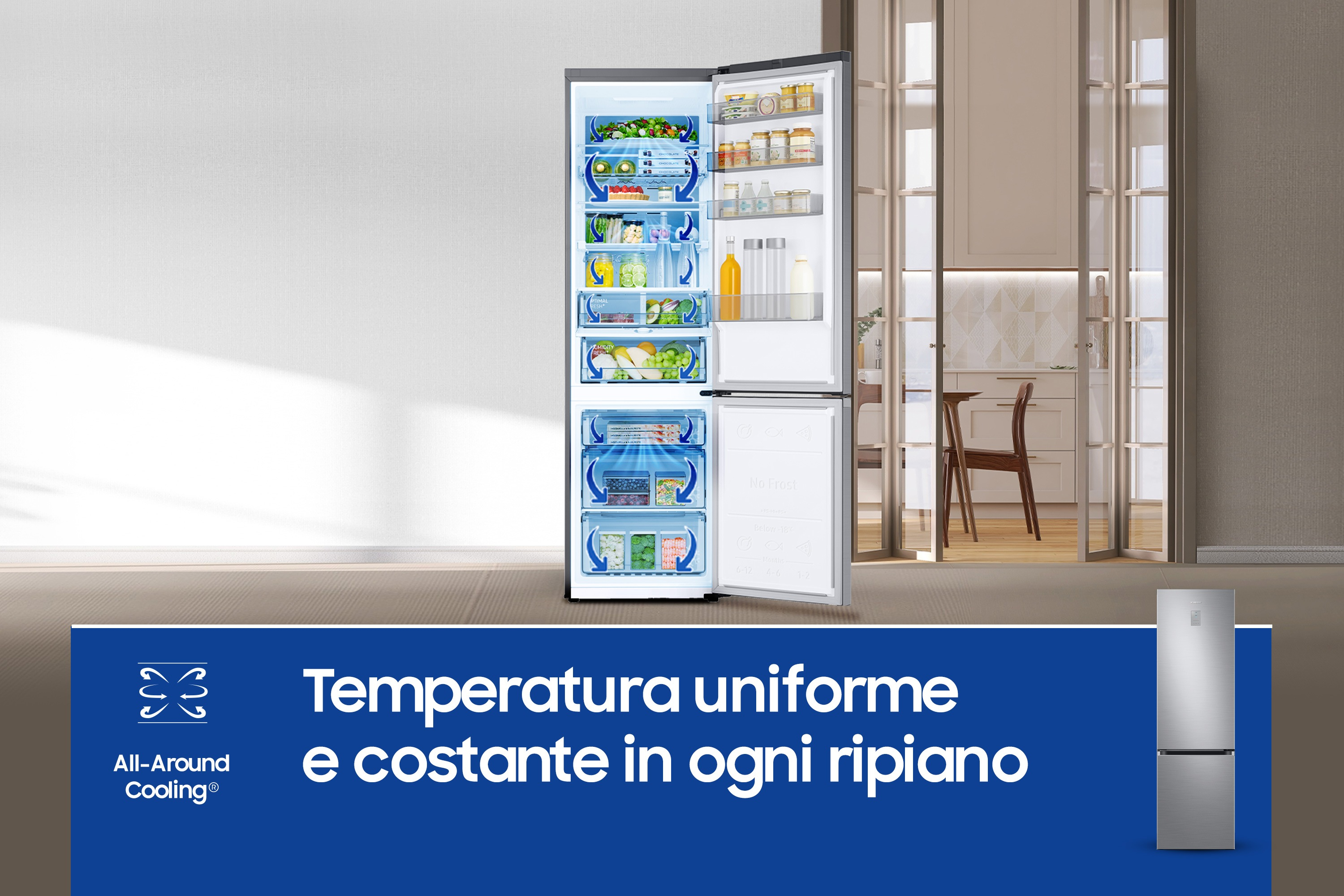 Refrigerador con puertas abiertas, texto sobre temperatura constante y enfriamiento.