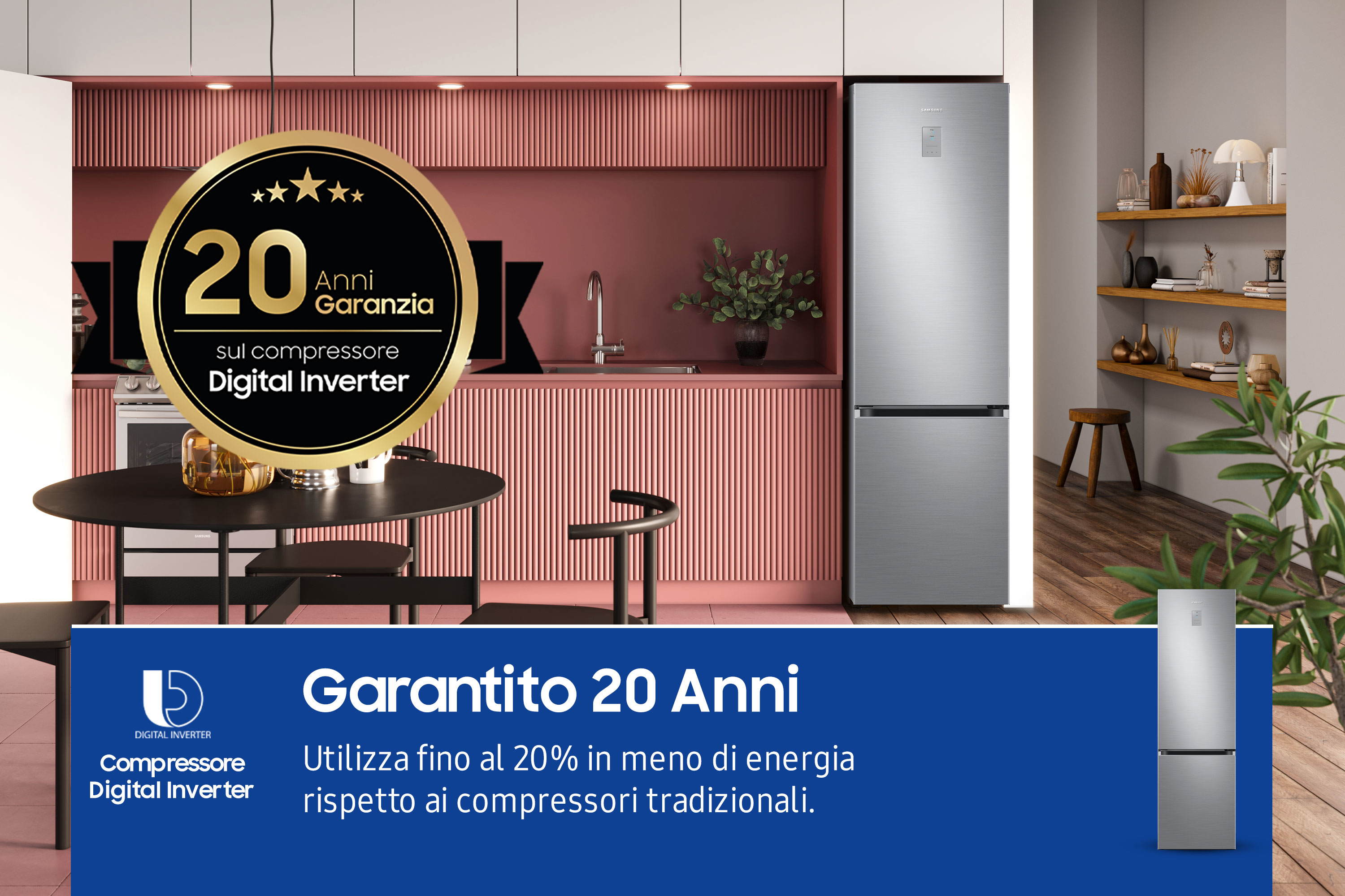 Escena de cocina con refrigerador plateado. Adhesivo dorado declara 20 años de garantía en el compresor Digital Inverter.