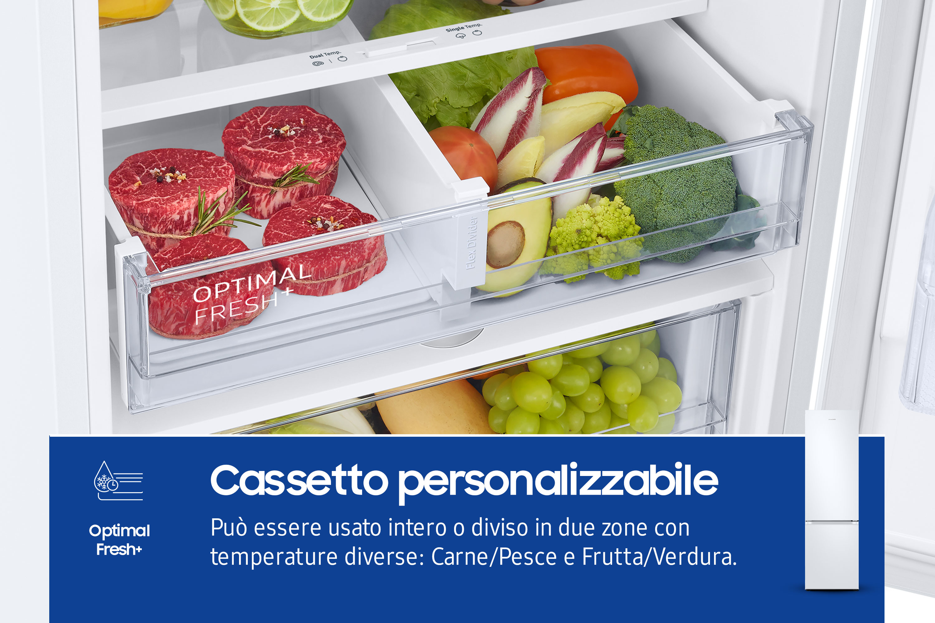 Primo piano dei cassetti del frigorifero con carne e verdure. Testo: 'Optimal Fresh+' e 'Casseto personalizzabile'.