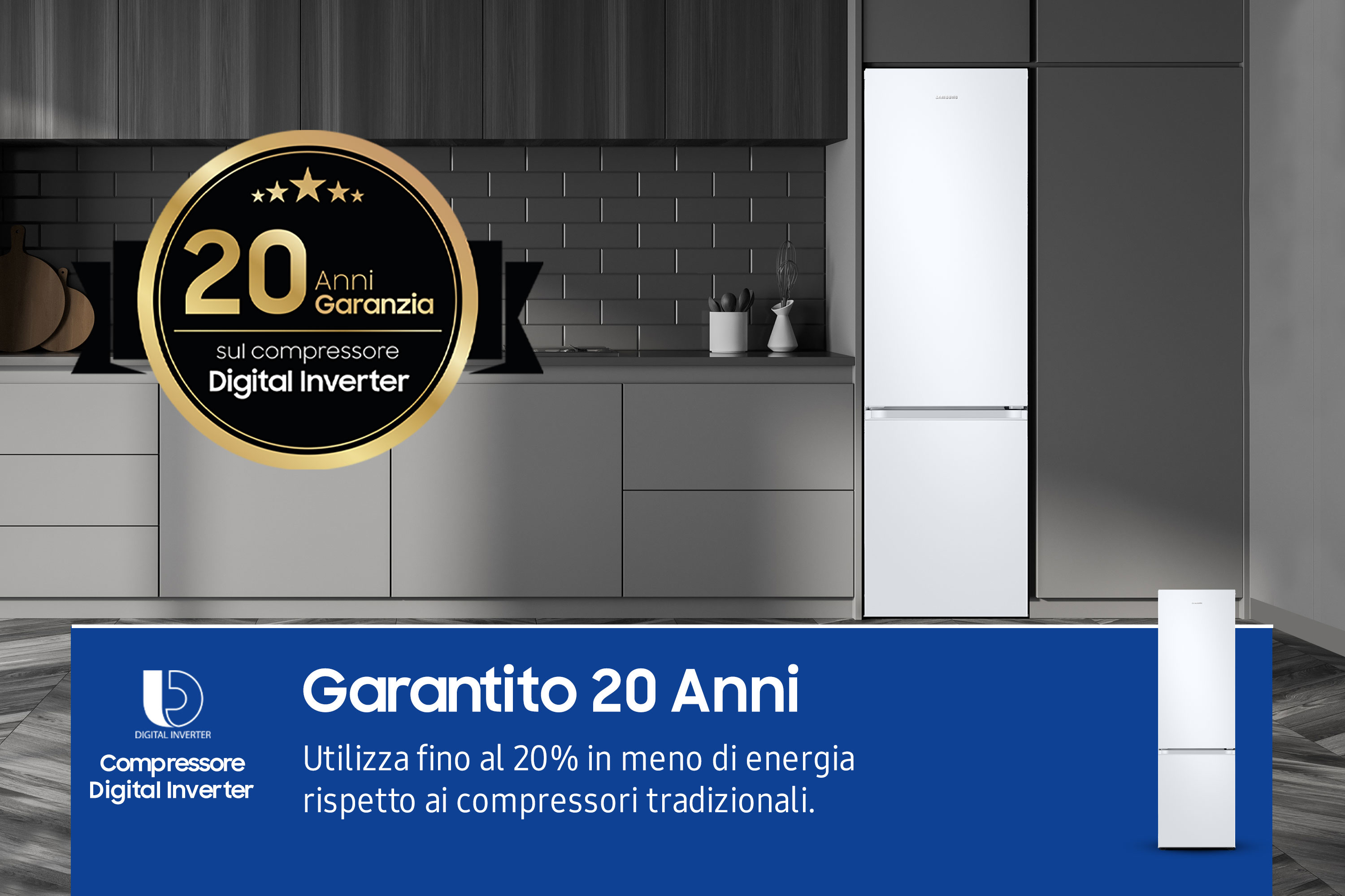 Un frigorifero bianco è in una cucina con un sigillo di garanzia dorato.