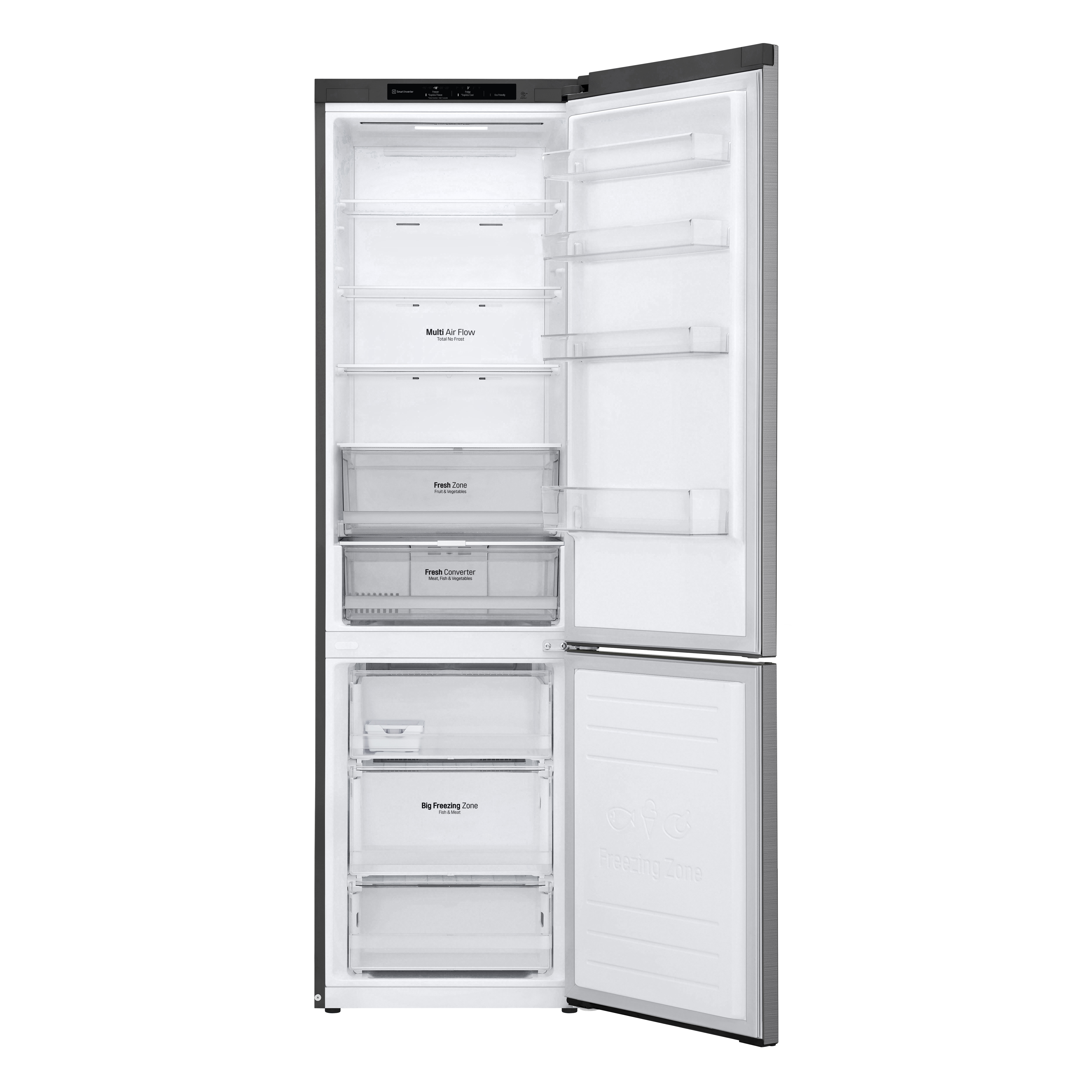 Refrigerador abierto con estantes. Los compartimentos interiores son visibles. Nevera blanca.