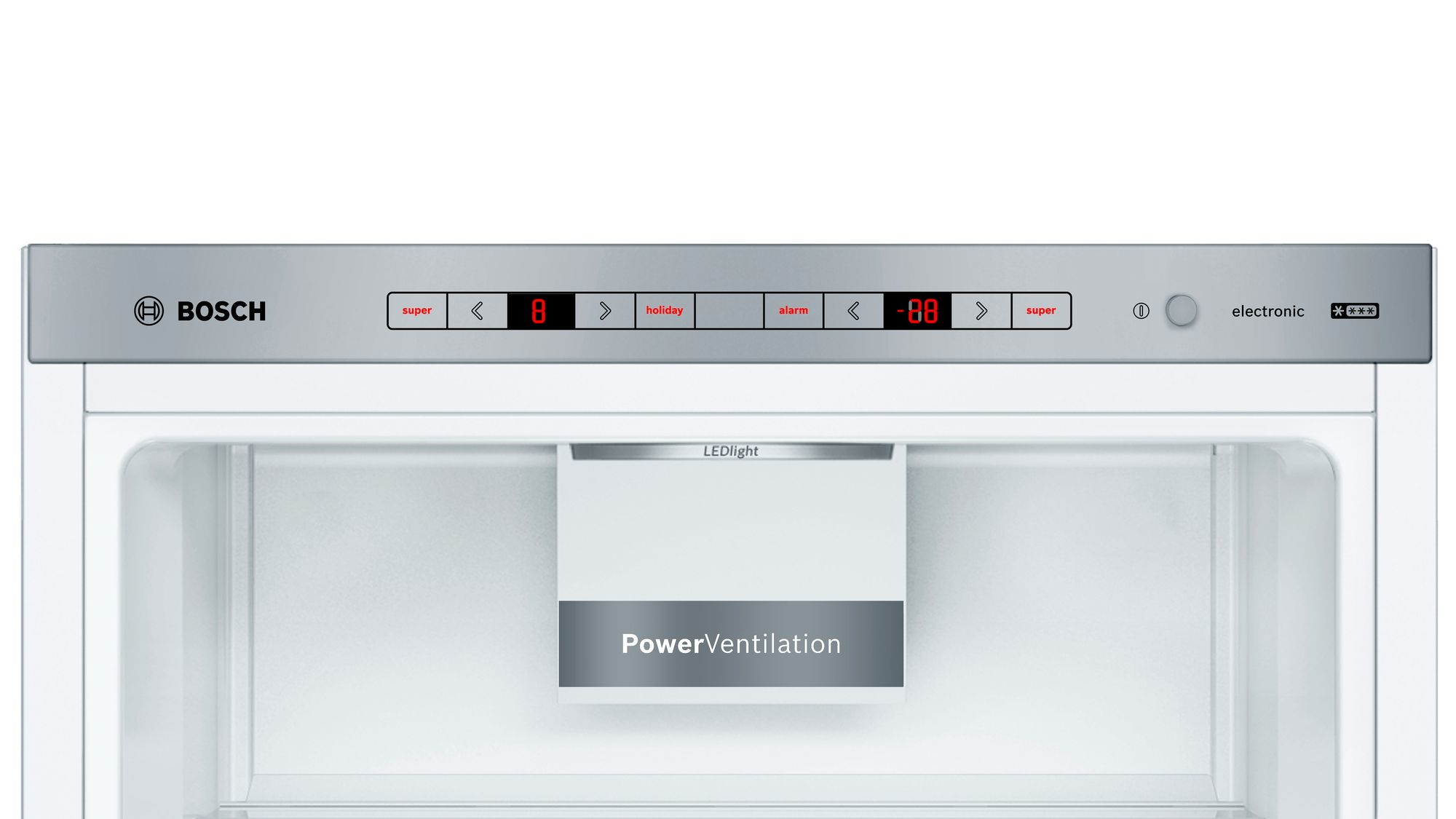 Nahaufnahme eines Kühlschrank-Bedienfelds mit Temperatureinstellungen und Bosch-Logo.