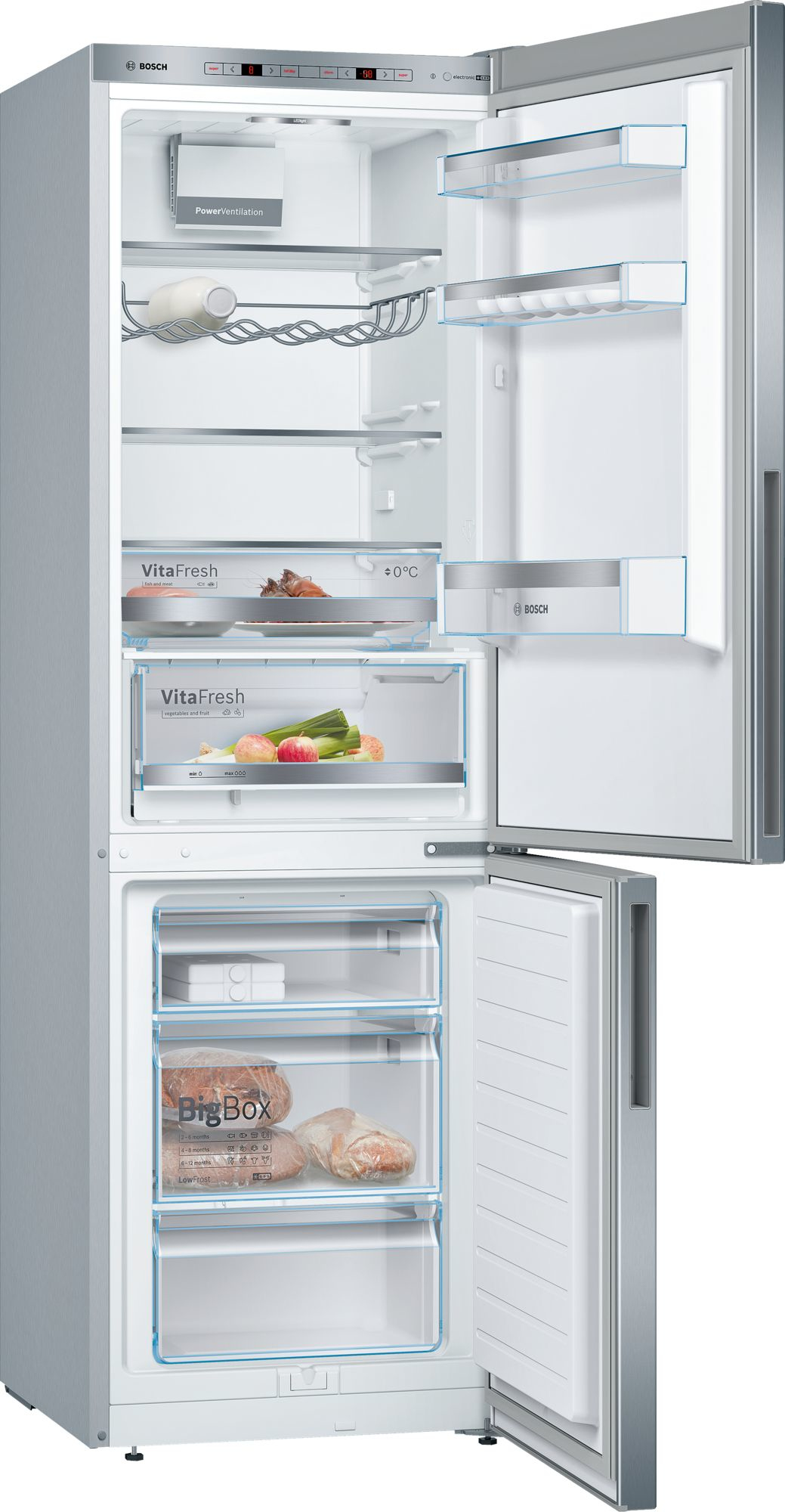 Offener Kühlschrank mit Regalen. Die Innenfächer sind sichtbar. Silberner Kühlschrank.