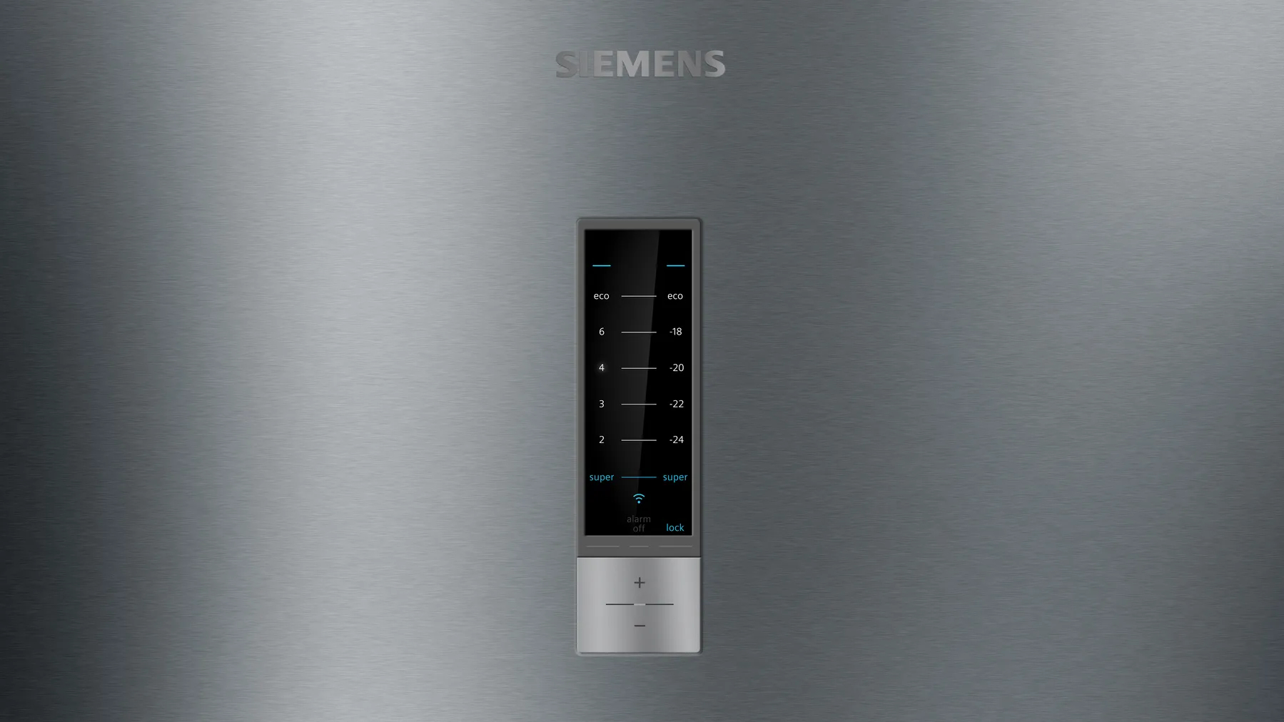 Puerta de nevera plateada con panel de control. Marca Siemens en la parte superior.