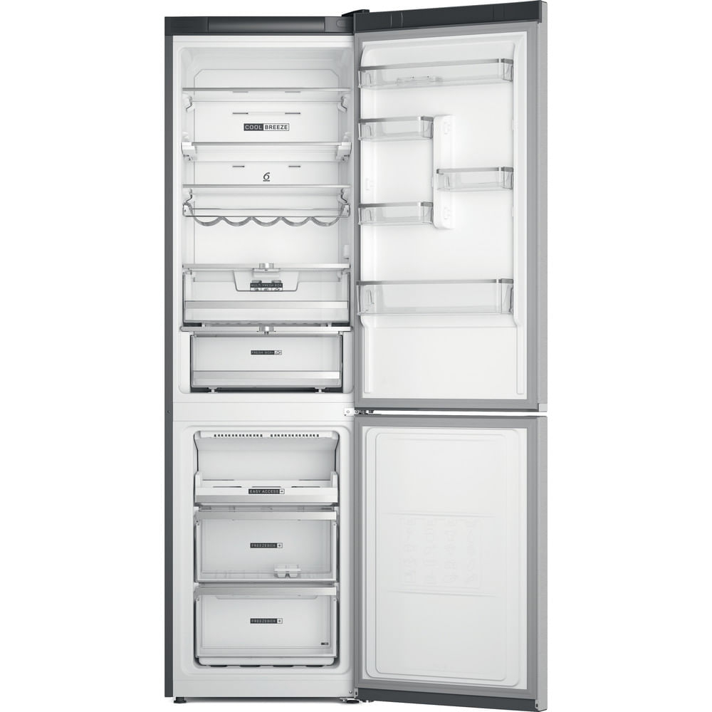 Un refrigerador con las puertas abiertas. En el interior hay estantes, cajones y un botellero. El fondo es blanco y limpio.