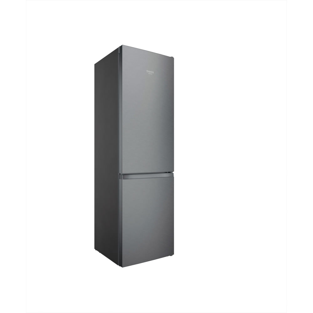 Un refrigerador gris sobre un fondo blanco. El frigorífico tiene dos puertas, la superior es más pequeña.