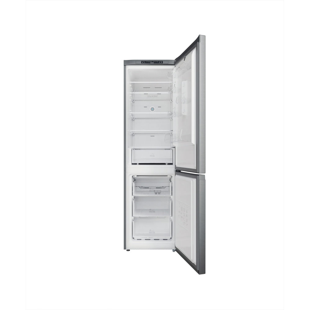 Un refrigerador con la puerta abierta, mostrando estantes, cajones y compartimentos.