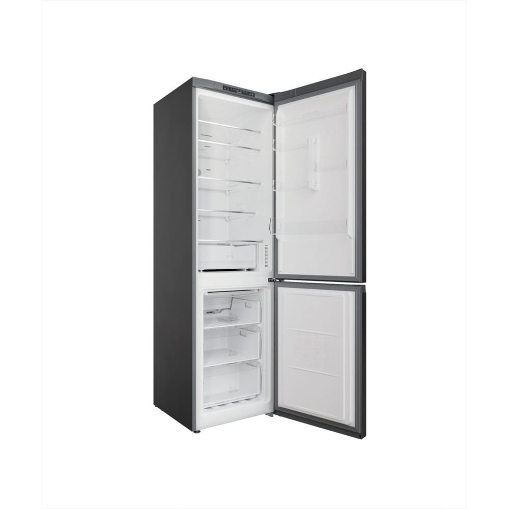 Refrigerador gris oscuro con dos puertas abiertas sobre un fondo blanco.