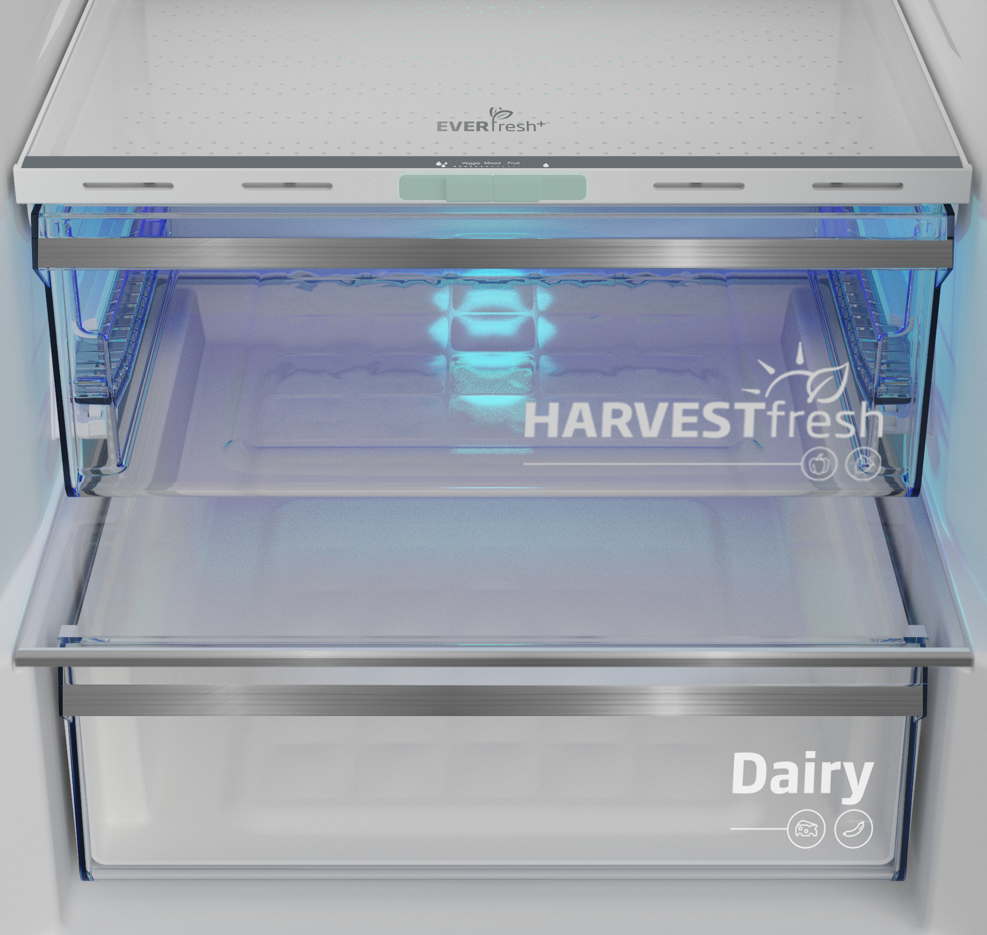 Zbliżenie na szuflady lodówki. Górna szuflada z napisem 'EverFresh+'. Dolna szuflada oznaczona 'Dairy'. Niebieskie oświetlenie.