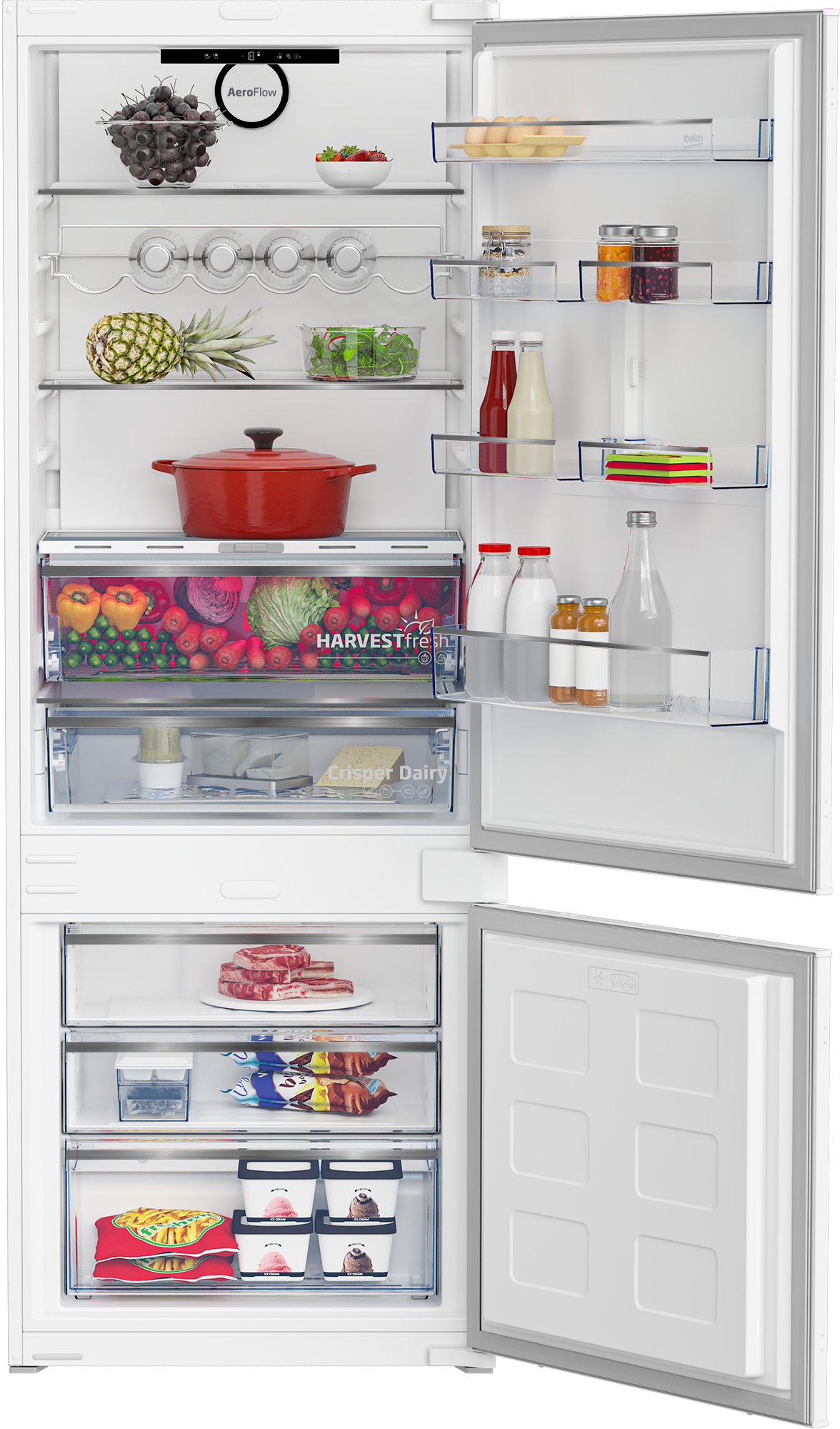 Refrigerador blanco abierto, mostrando varios alimentos en estantes y cajones. Productos frescos y productos envasados.