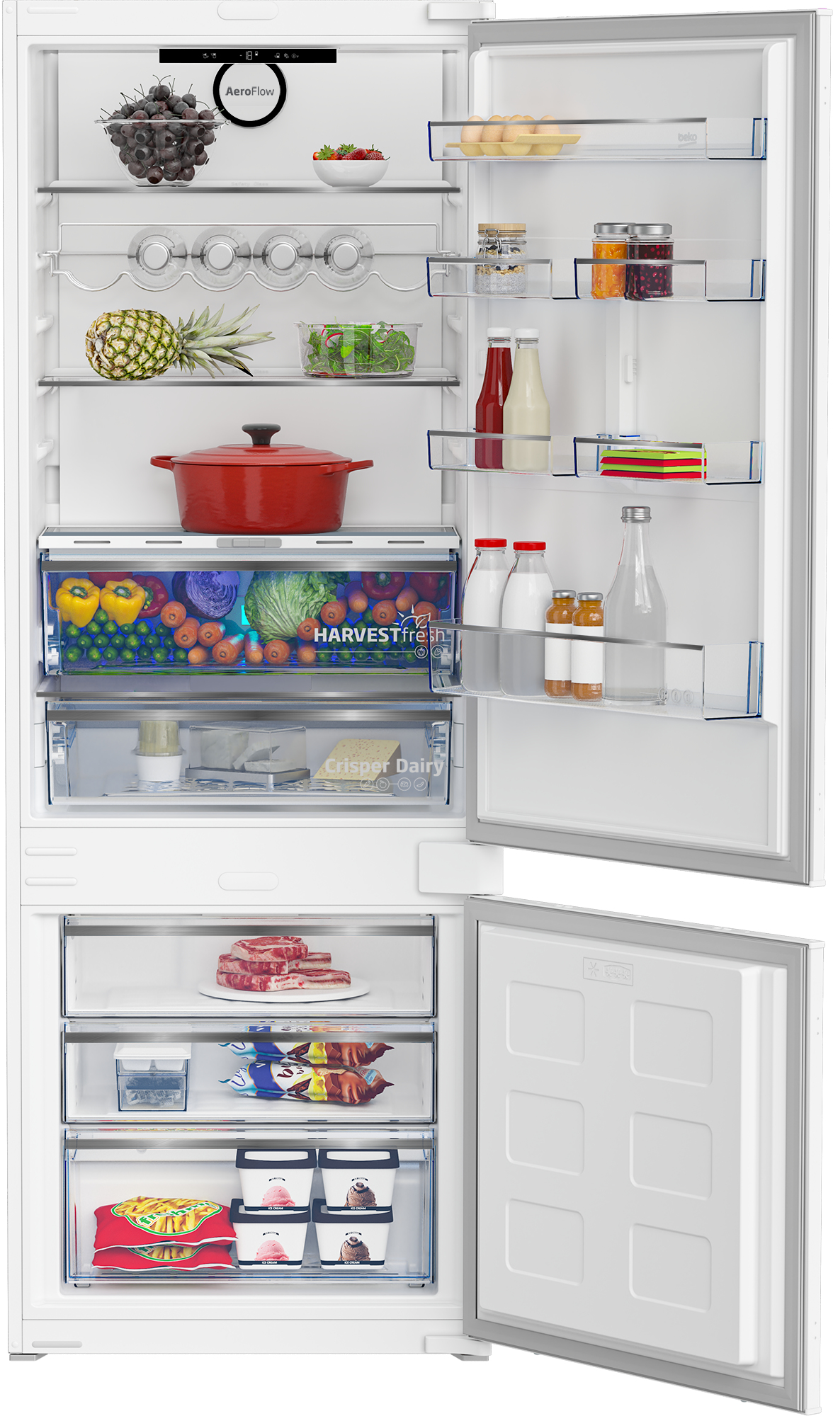 Nevera Beko blanca abierta con estantes, cajones con productos y una sección de congelador con helado.