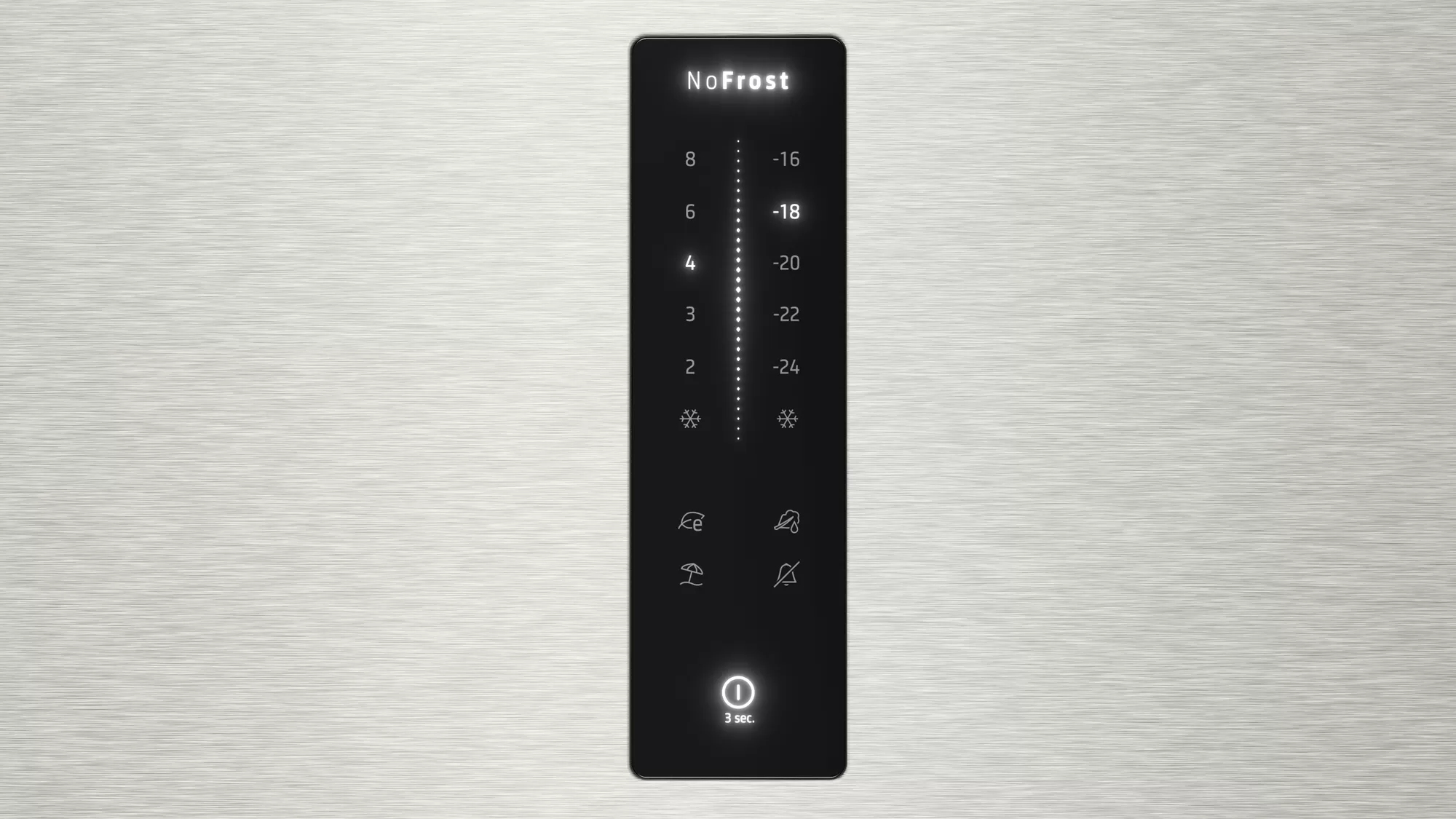 Panel de control de refrigerador negro con ajustes de temperatura e iconos de función para un electrodoméstico NoFrost.