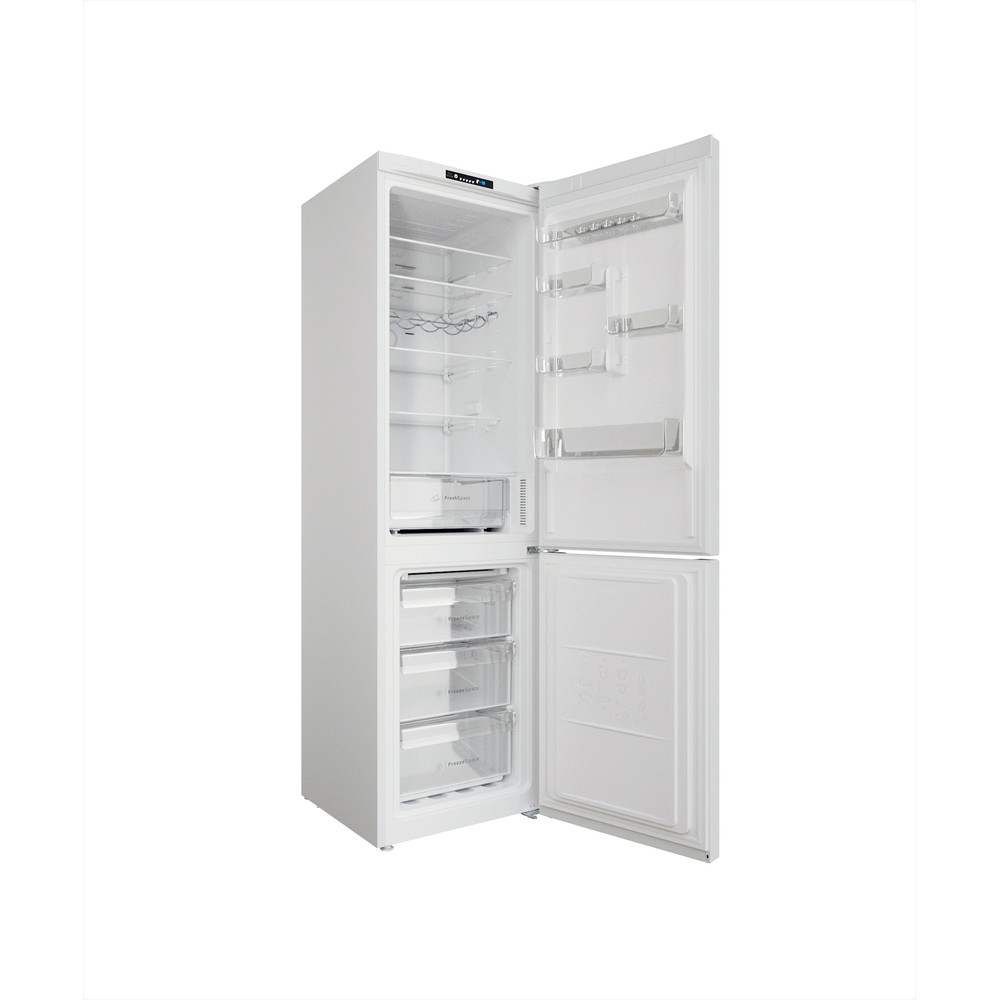 Refrigerador blanco con puertas abiertas, varios estantes y cajones visibles.