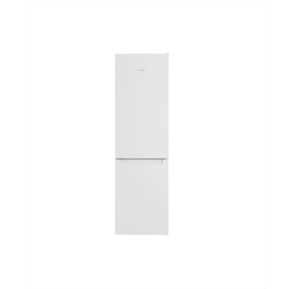 Refrigerador blanco, cerrado. Diseño simple y alto. Manijas en la puerta. En un fondo blanco.