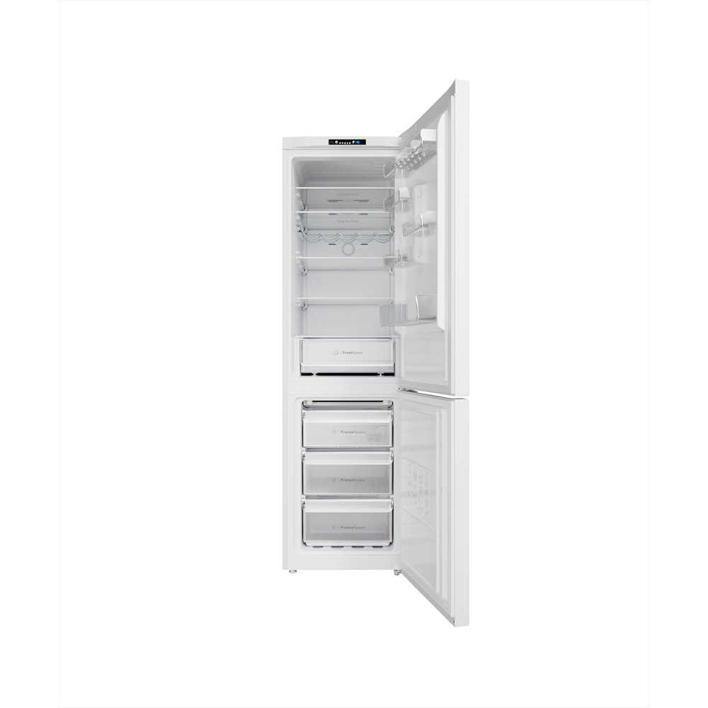 Refrigerador blanco abierto, vista interior. Varios estantes y cajones visibles. Mínimos alimentos presentes.