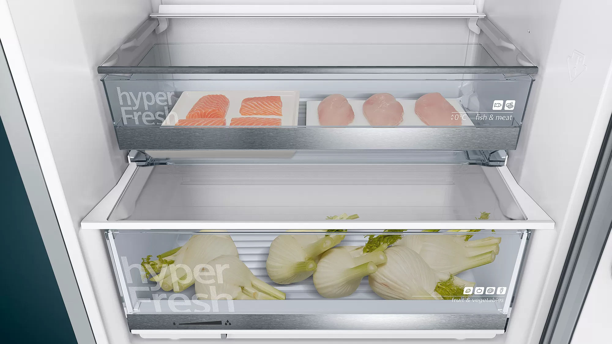 Nahaufnahme von Kühlschrankfächern mit Fisch, Fleisch und Fenchel. Etiketten sind sichtbar.