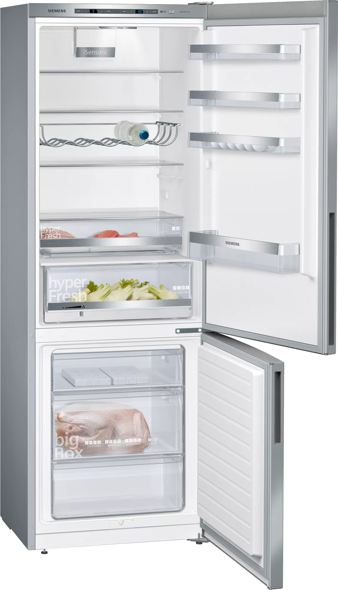 Geöffneter silberner Kühlschrank mit Regalen, Schubladen und Essen darin.