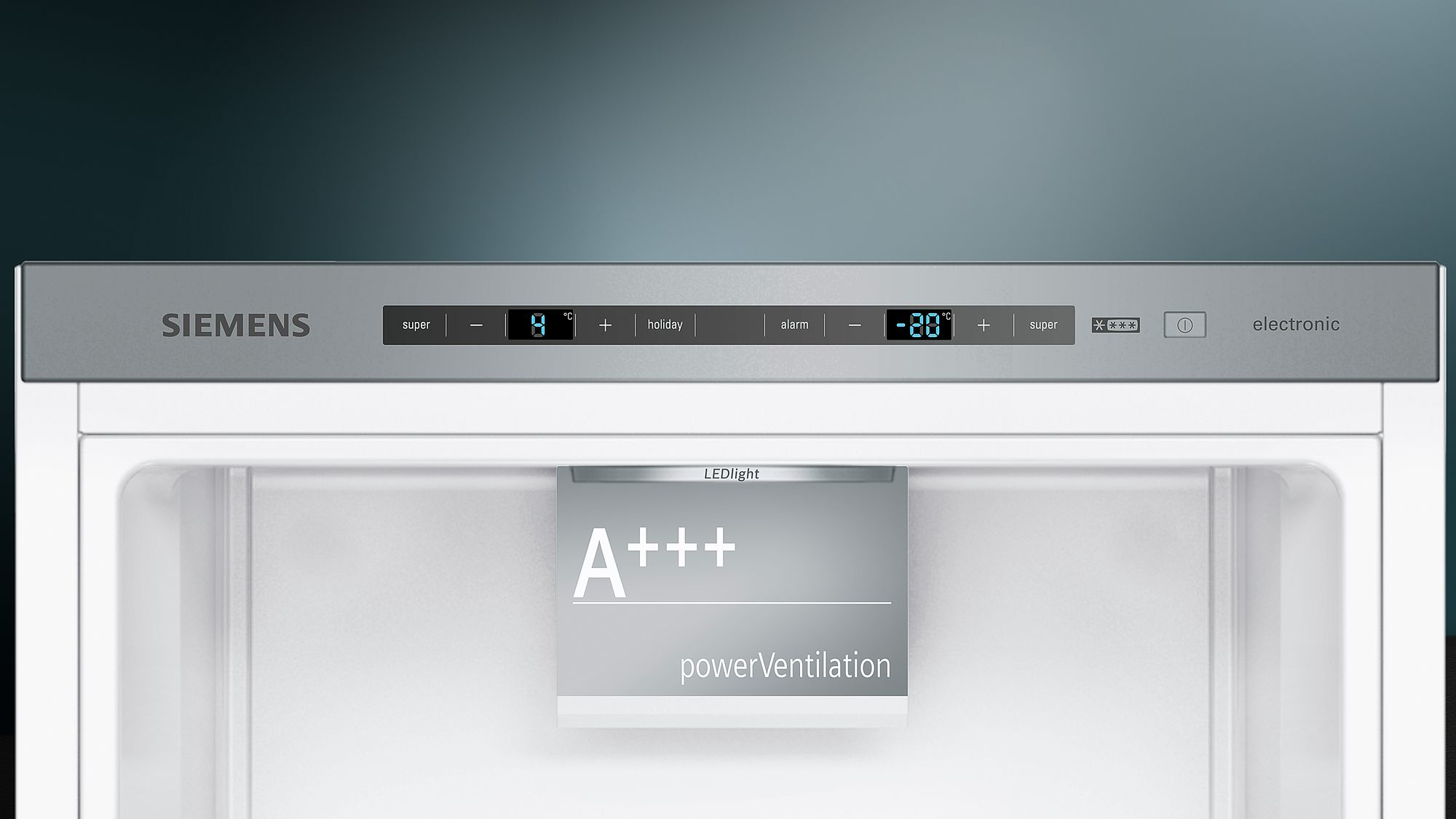 Interno del frigorifero Siemens con display, super, vacanza, allarme e impostazioni della temperatura.