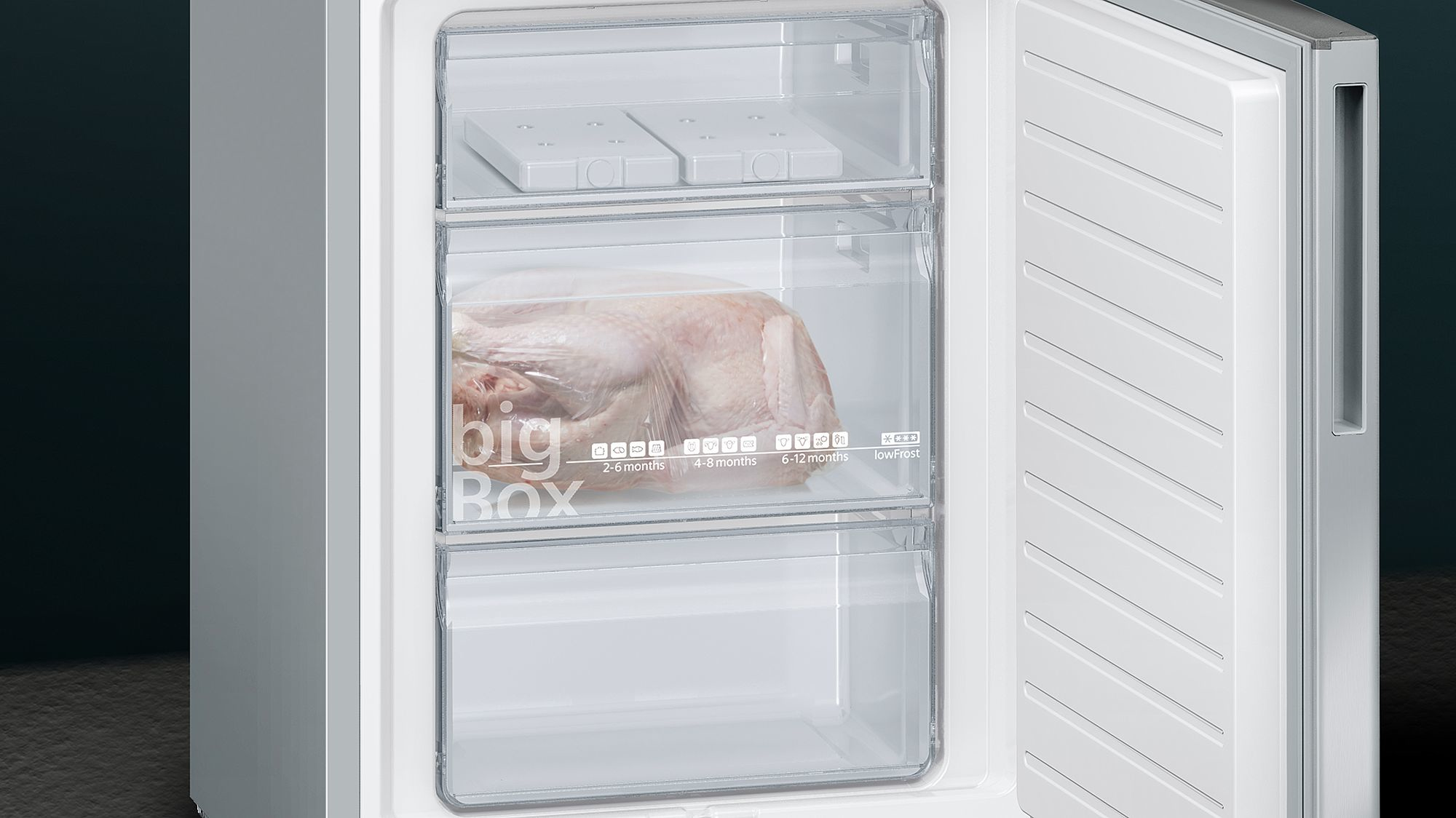 Gefrierfach mit Tiefkühlkost in einem weißen Kühlschrank. Big Box-Etikett sichtbar.