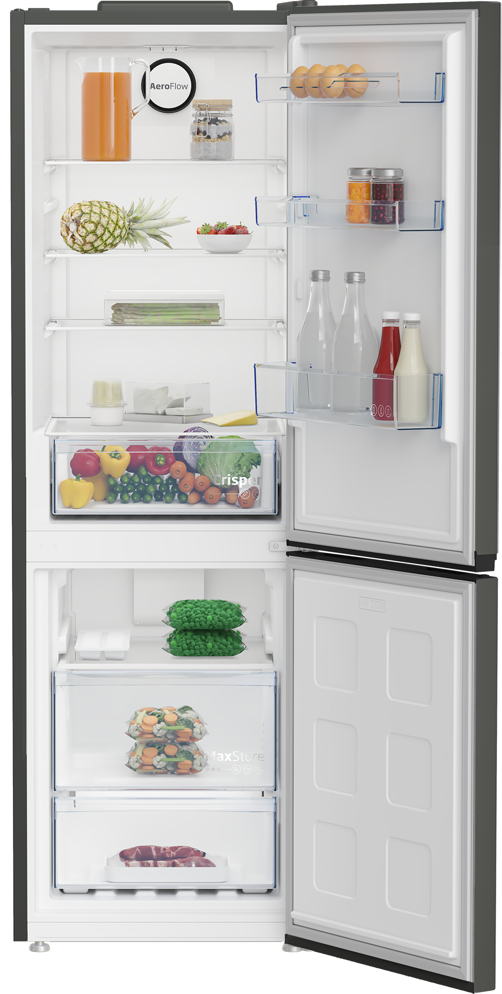 Ciemnoszara lodówka otwarta z jedzeniem. Zawiera sok, ananasa, truskawki, jajka, butelki i warzywa.