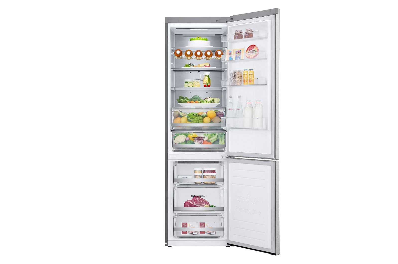 Refrigerador abierto con alimentos. Estante superior con donas. Congelador con carne y alimentos congelados.