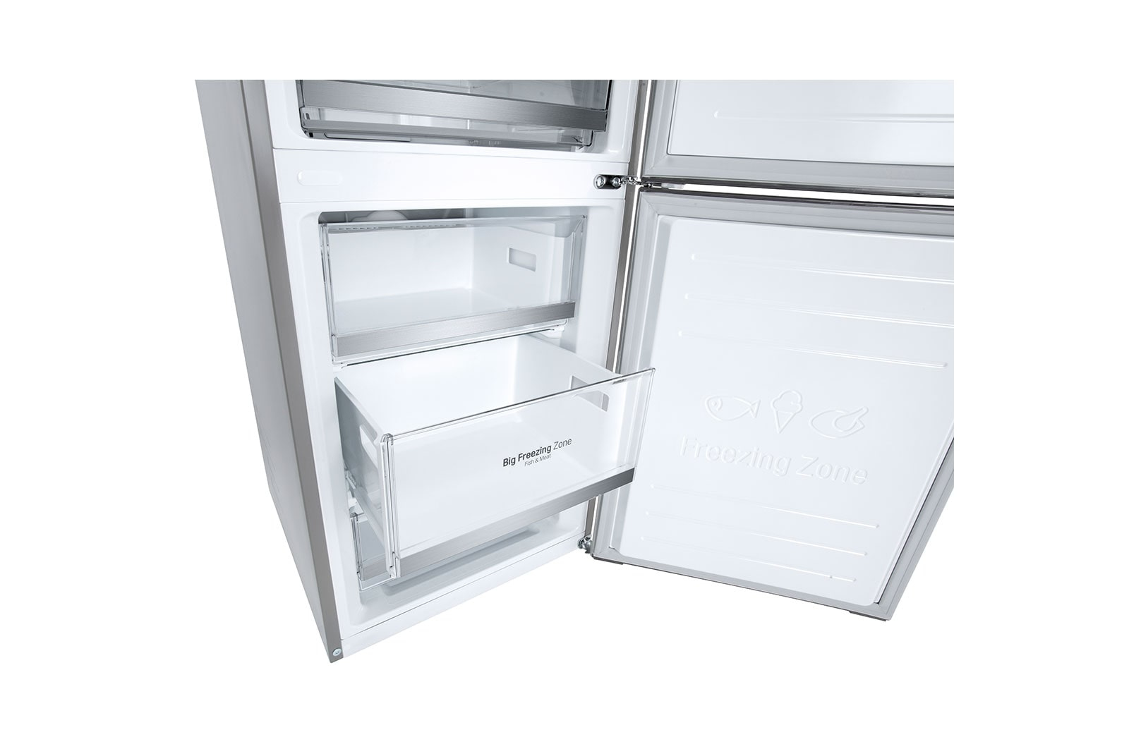 Primer plano del compartimento del congelador de un refrigerador, mostrando un cajón y la Zona de Congelación.
