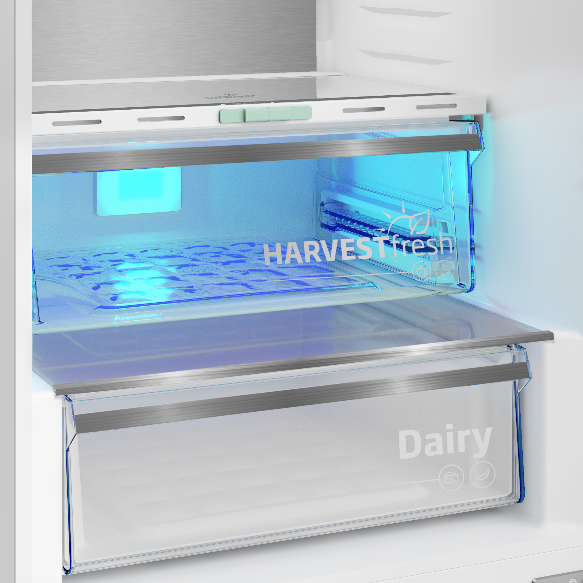 Interno frigorifero con cassetti illuminati, etichettati HarvestFresh e Dairy. Luce blu.