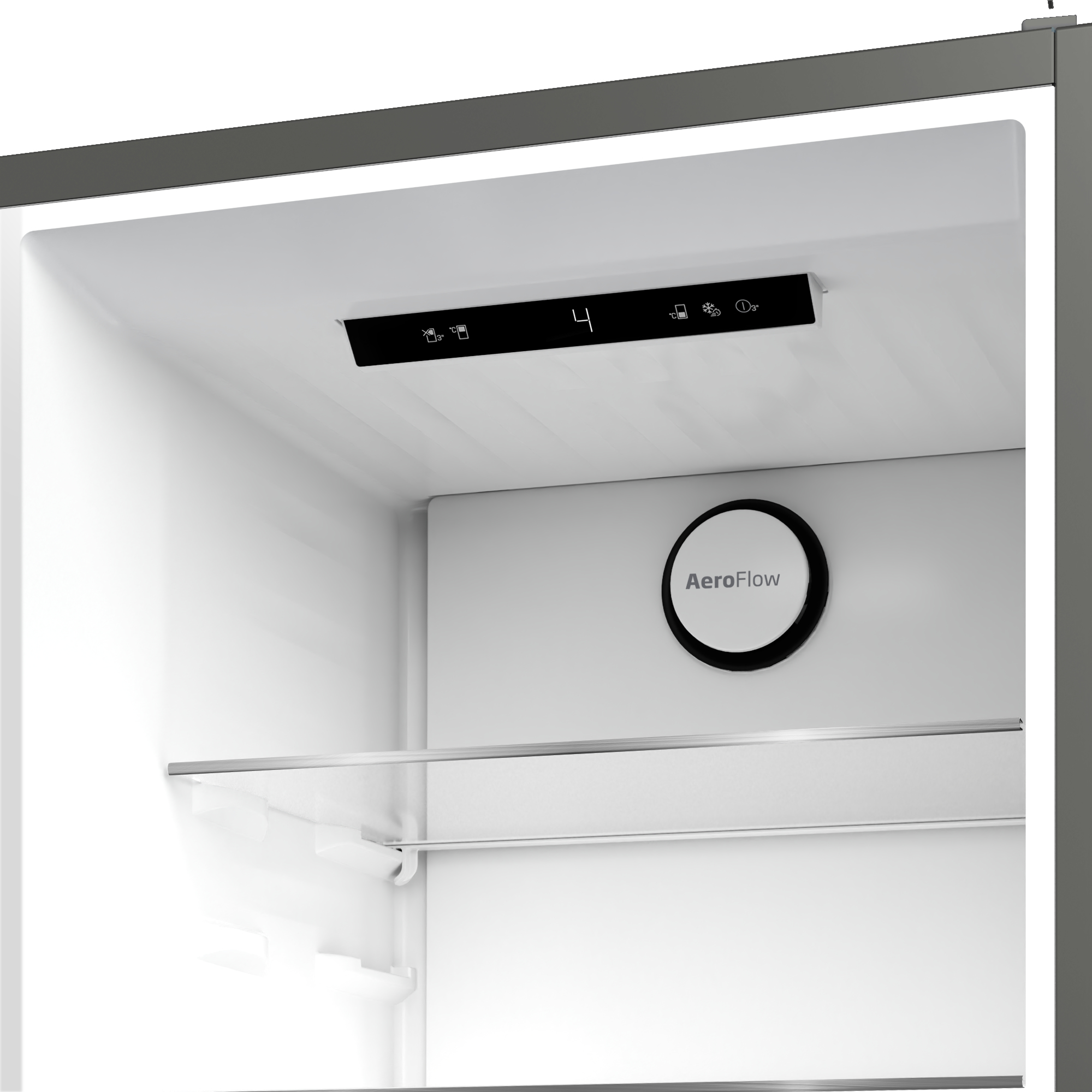 Primer plano del interior del refrigerador, con un panel de control y un sistema de flujo de aire redondo.