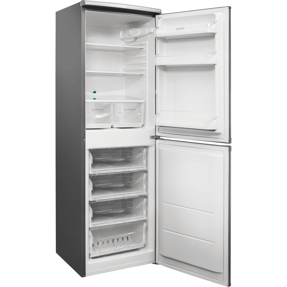 Refrigerador abierto con estantes y cajones. Exterior gris e interior blanco. Secciones de alimentos frescos y congelados.
