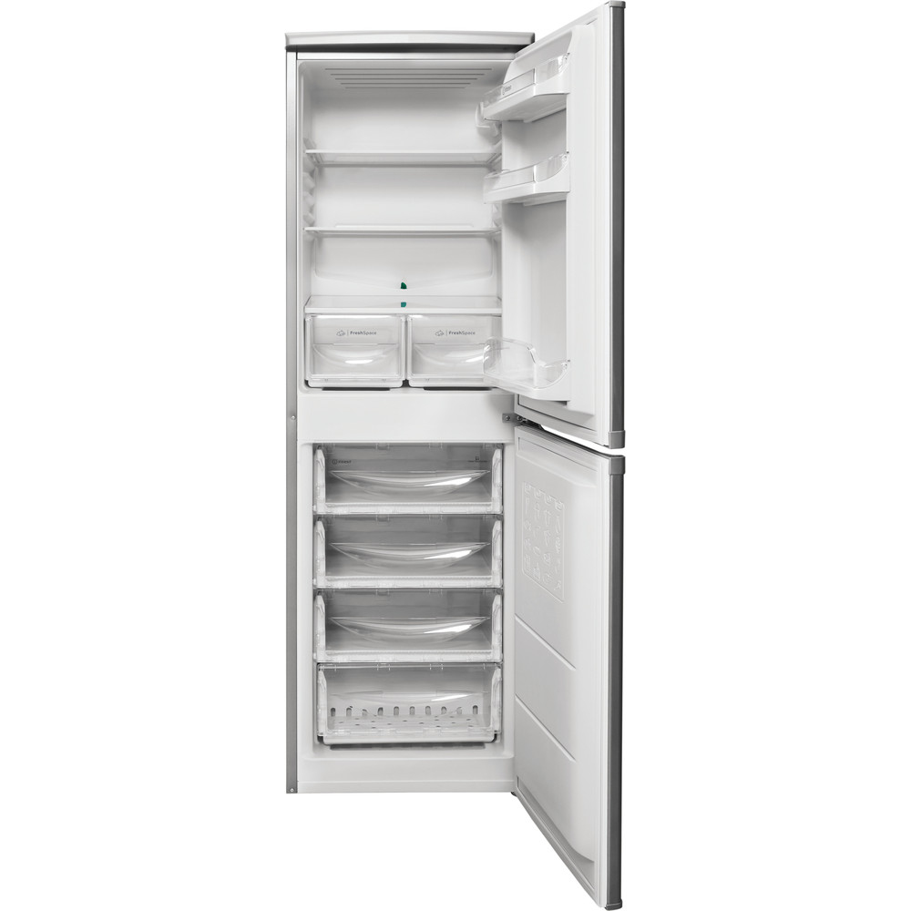 Un refrigerador blanco abierto con compartimentos del congelador.