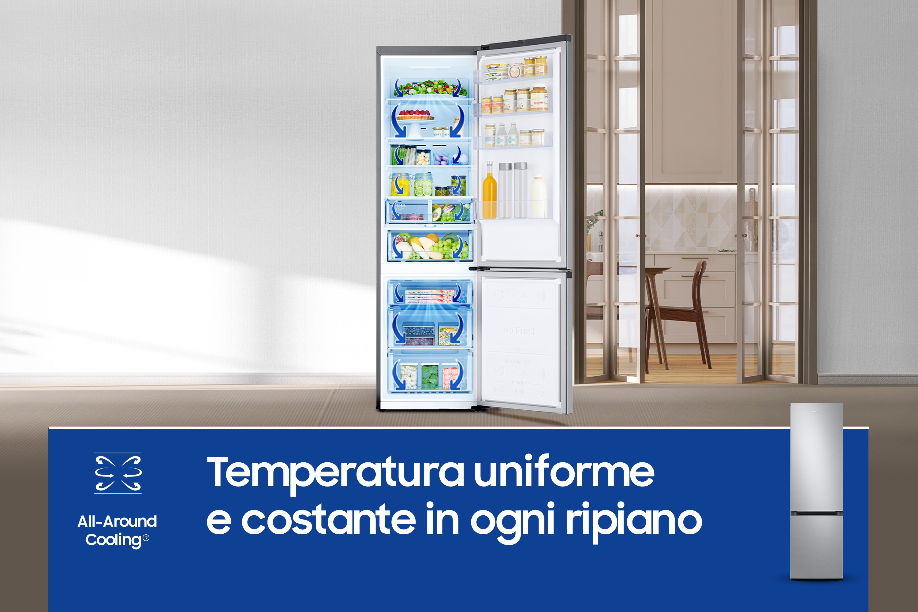 Otwarta lodówka z półkami pełnymi jedzenia. Tekst na dole mówi 'Temperatura uniforme'.