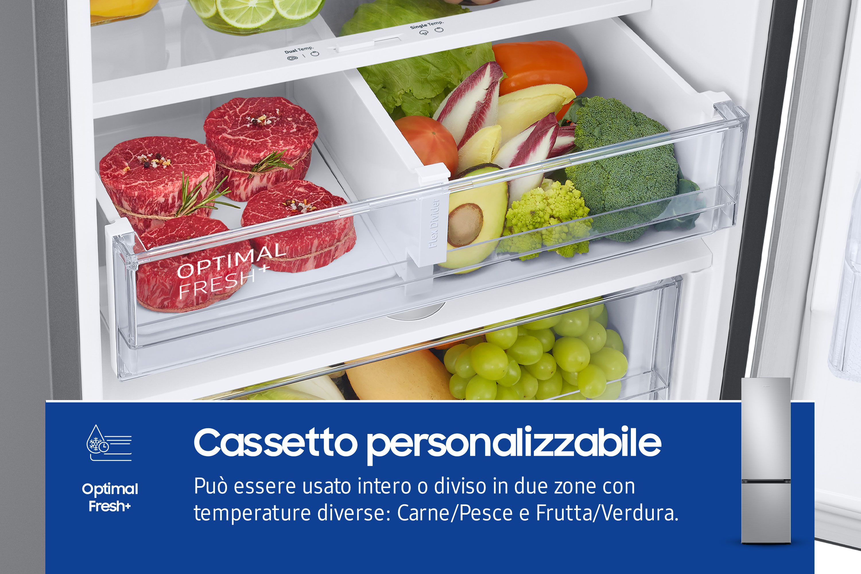 Wnętrze lodówki. Świeże mięso, warzywa i tekst o szufladach z możliwością personalizacji. Lodówka w tle.