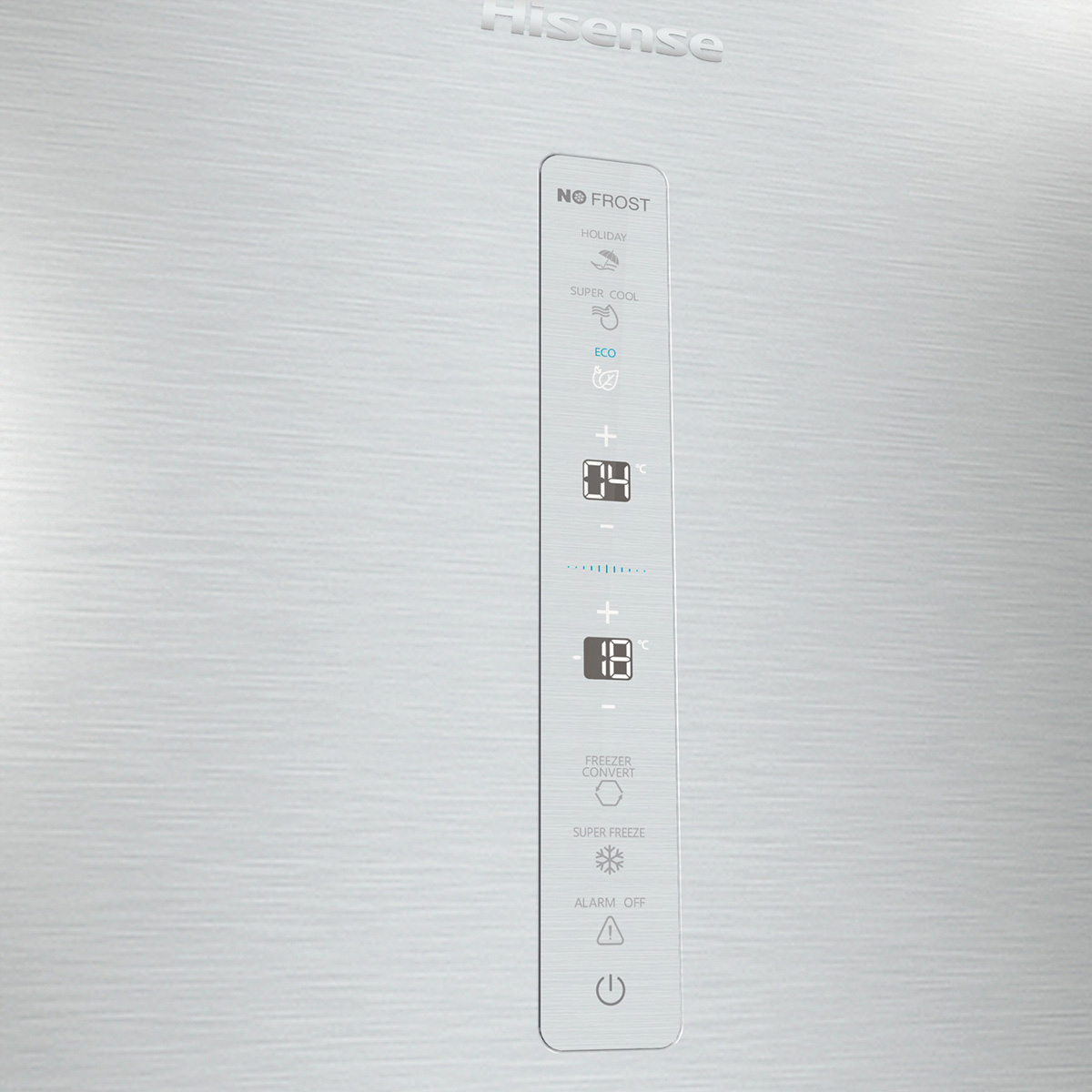 Zbliżenie panelu sterowania lodówki Hisense z cyfrowym wyświetlaczem temperatury.