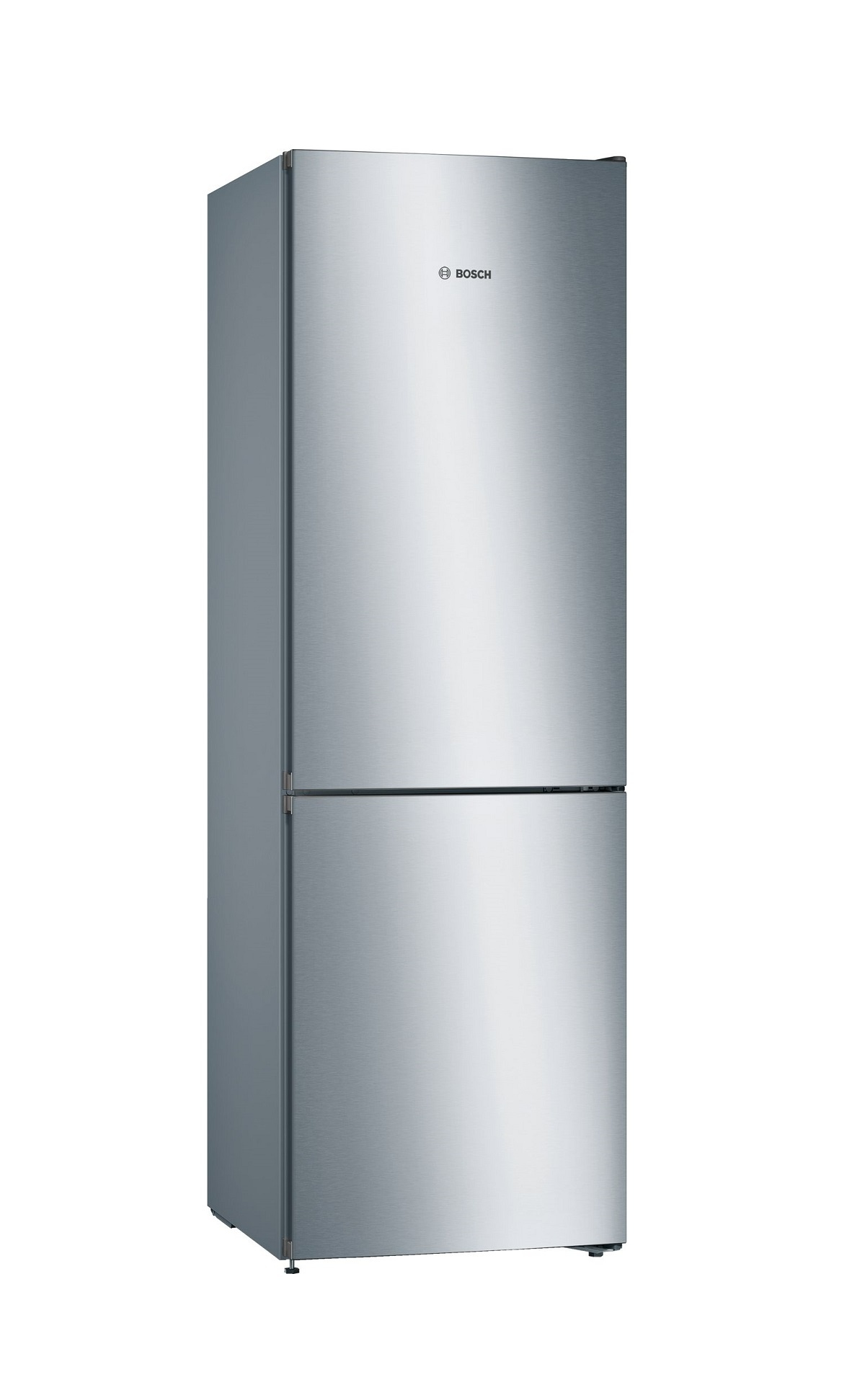 Un refrigerador plateado cerrado con el logotipo de Bosch en la puerta superior.