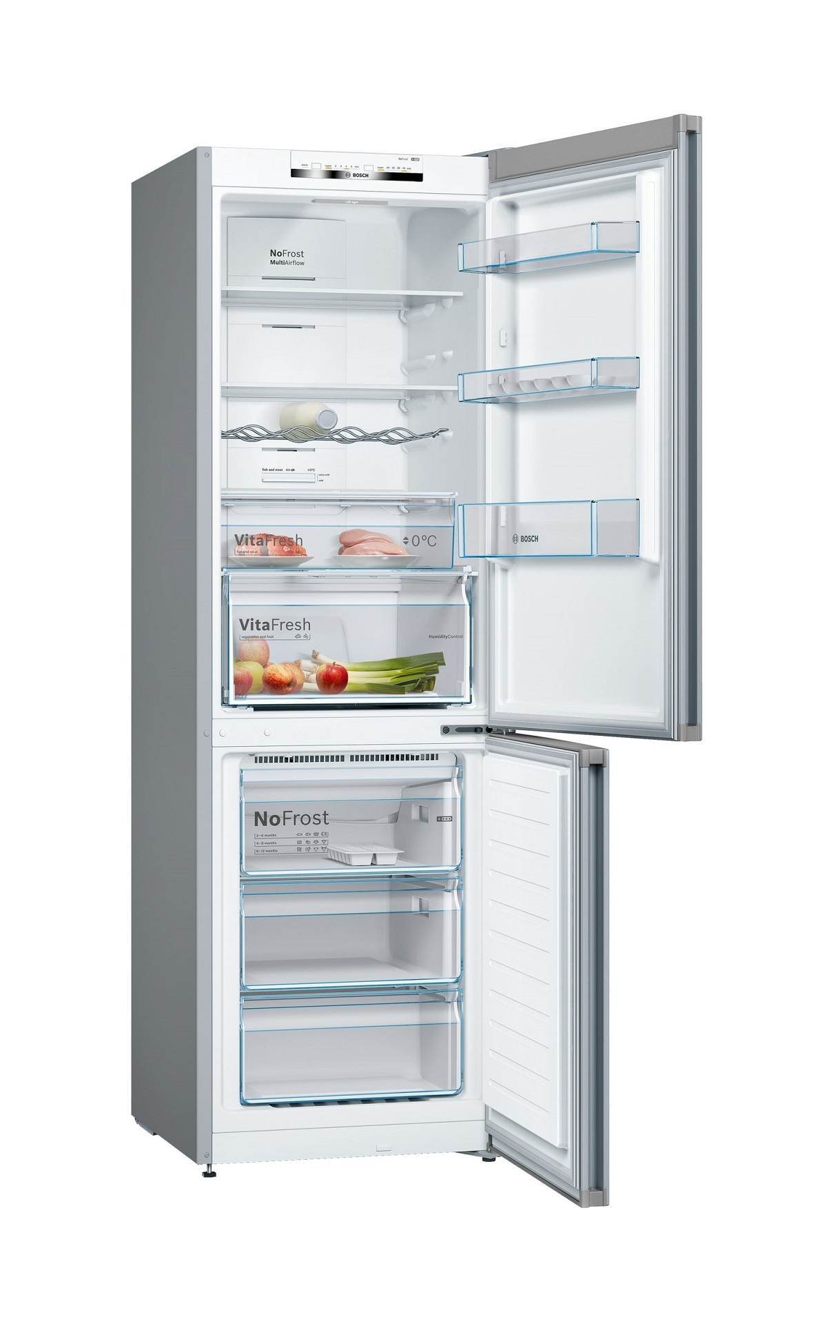Refrigerador abierto con la puerta del congelador abierta, mostrando estantes y cajones interiores.