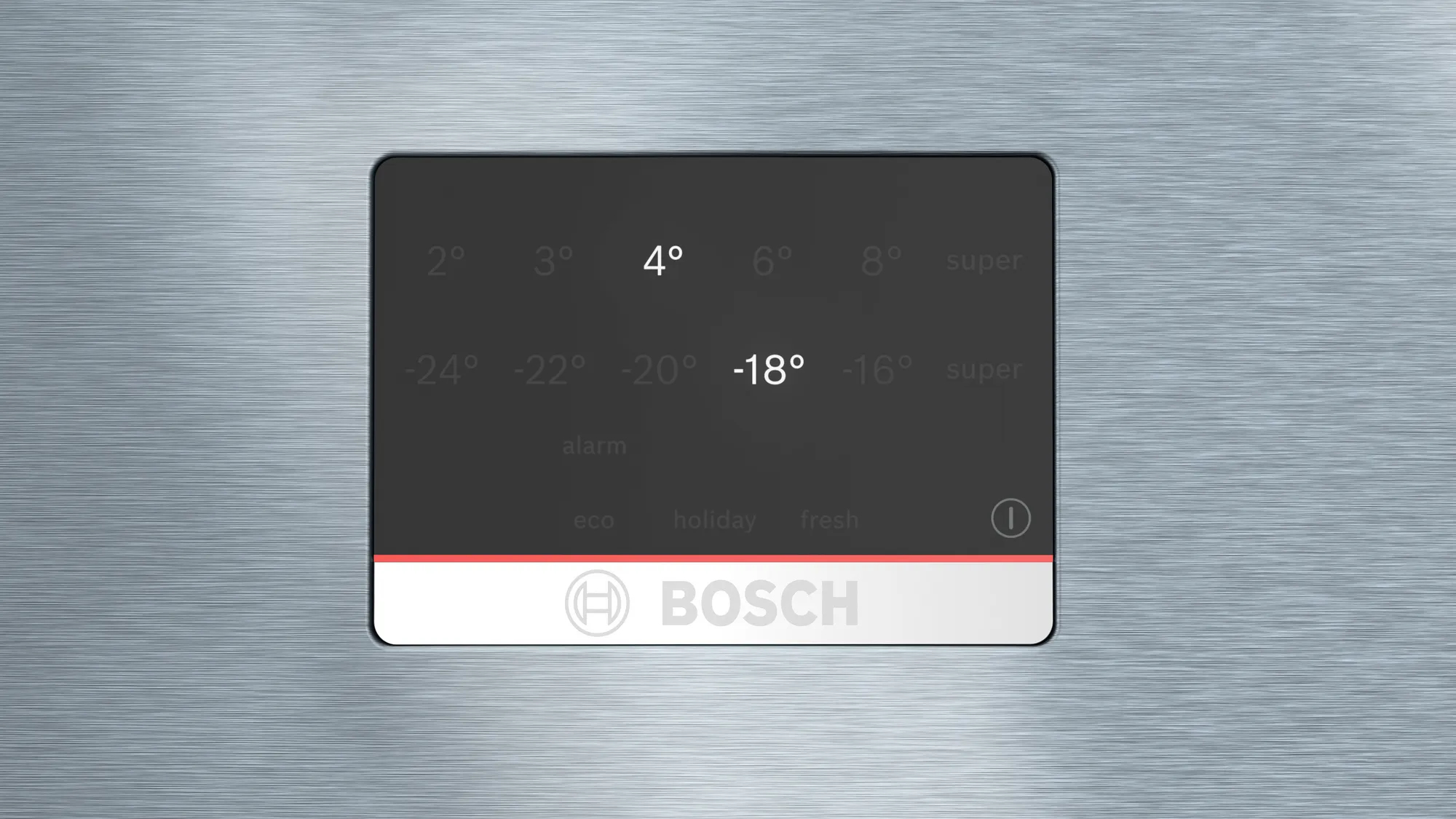 Kühlschrank-Bedienfeld mit Temperatureinstellungen, Bosch-Logo. Die Temperatur beträgt 4 Grad.